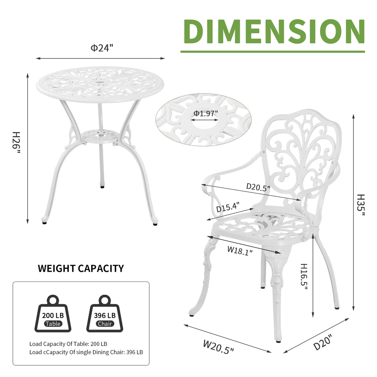 Withniture Outdoor Cast Aluminum Bistro Table and Chairs Set of 2 with 1.97" Umbrella Hole,All Weather 3 Piece Patio Bistro Set for Yard (White)
