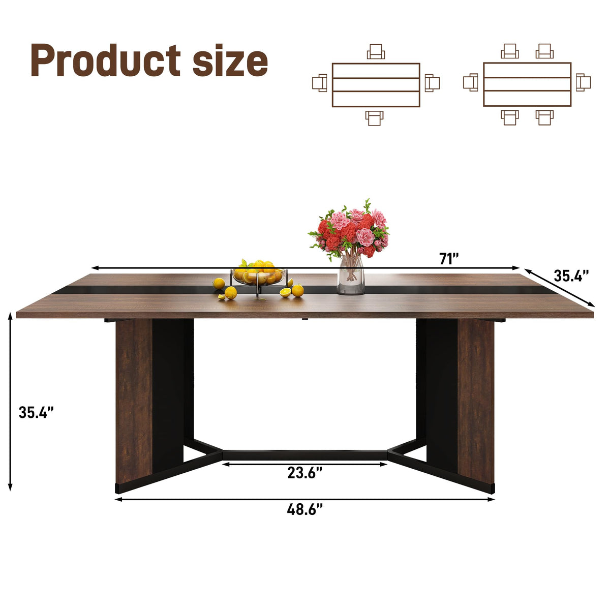 7-Piece Dining Table Set with 6 Cushion Chairs for 4 6 People, 71" Large Long Wooden Kitchen Table Sets W/Waterproof Tabletop, Farmhouse Rectangular Dinner Table for Dining Room,Kitchen(Brown)