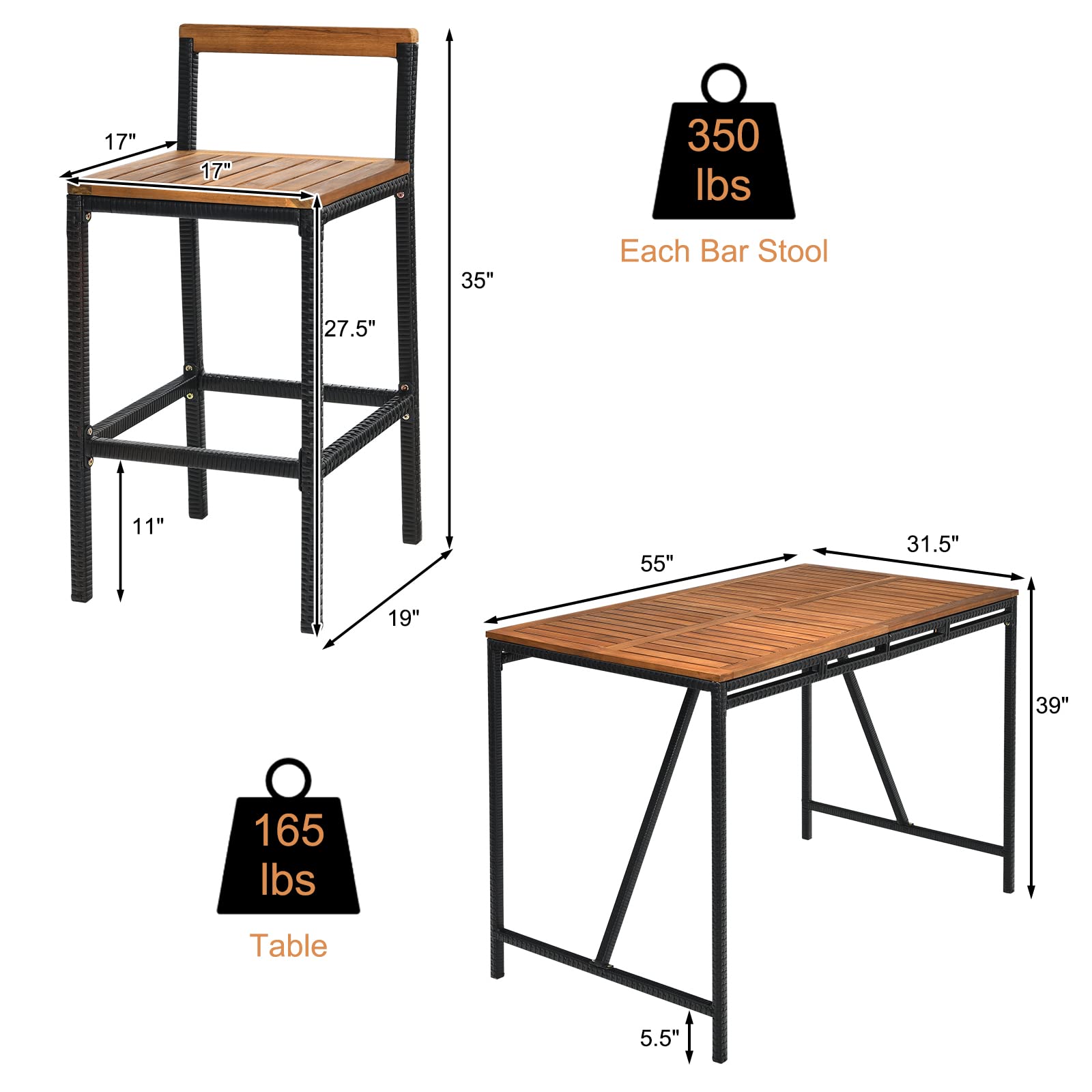 HAPPYGRILL 7 Piece Patio Bar Table Set with Umbrella Hole Acacia Wood High-Dining Bistro Set with 6 Bar Stools, PE Wicker Outdoor Bar Set for Backyard Patio and Poolside