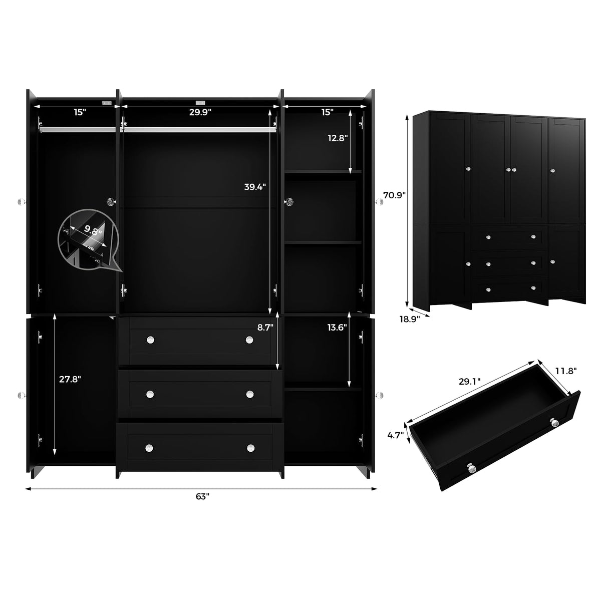 Black Mirrored Wardrobe with Drawers