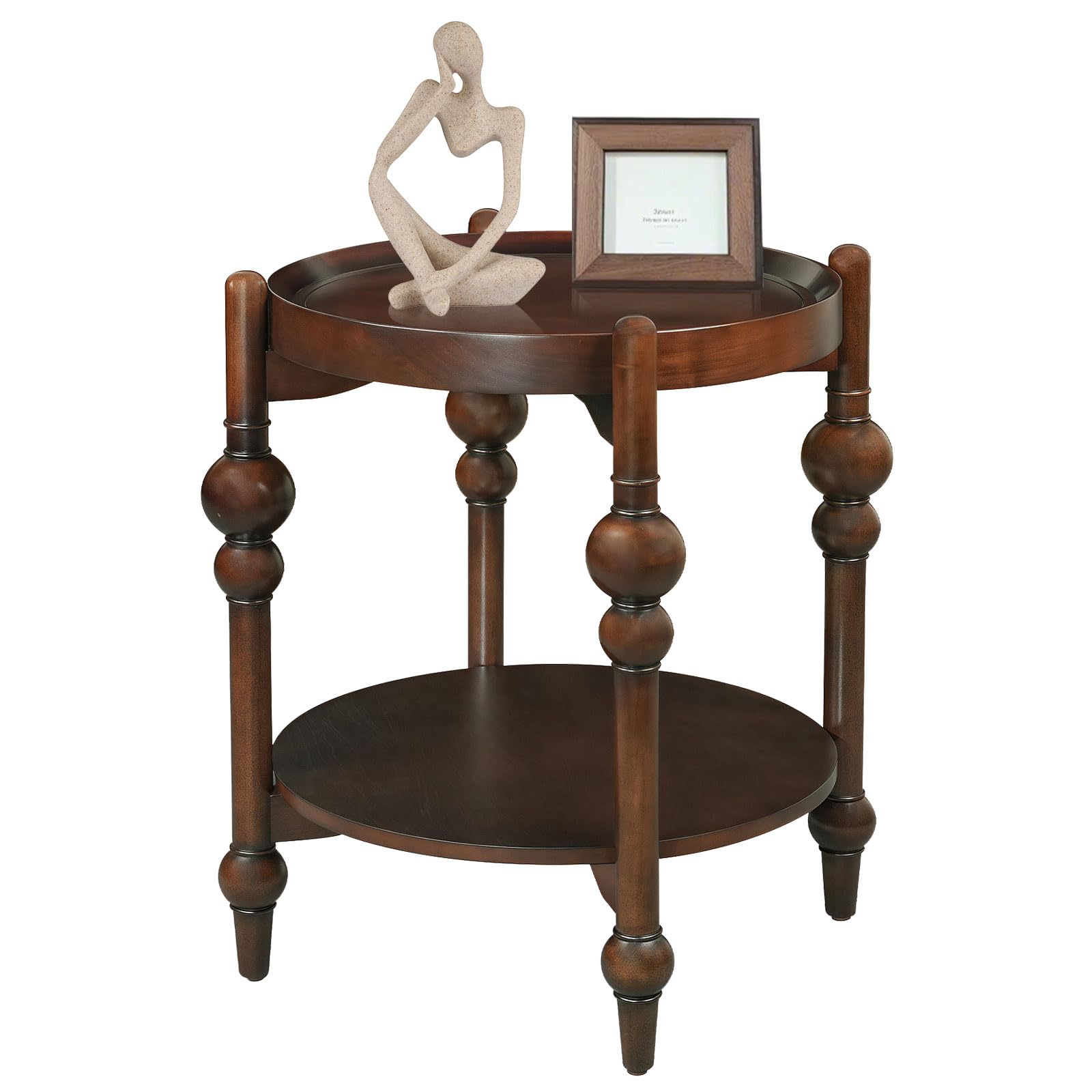 LKTART Nesting End Table for Living Room,Round Solid Wood Frame Nest Side Tables with Storage,Retro Accent Center Table for Small Space Apartment (25''D×24''H-Dark Brown)