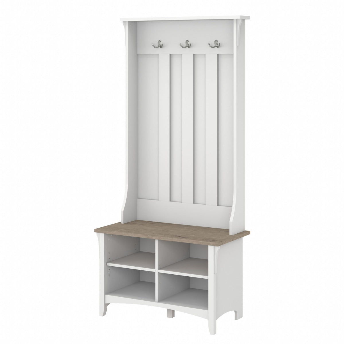 Bush Home Salinas Hall Tree with Shoe Storage Bench in Shiplap Gray and Pure White, Multi-Purpose Home Organizer, Entryway Solution with Seating and Hooks