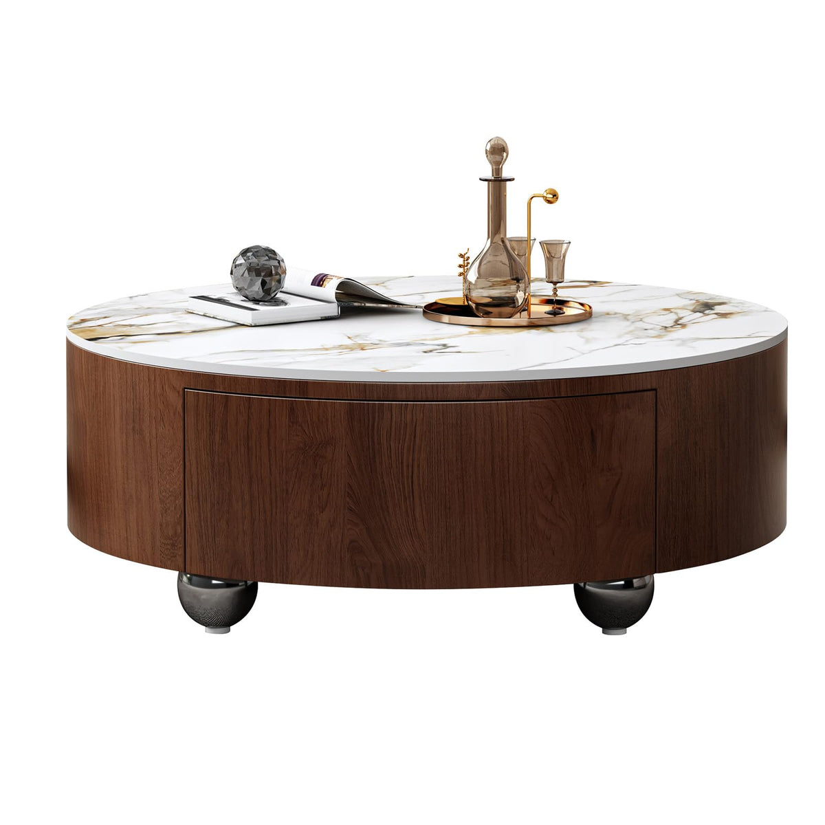 Round Stone Coffee Table with Drawers