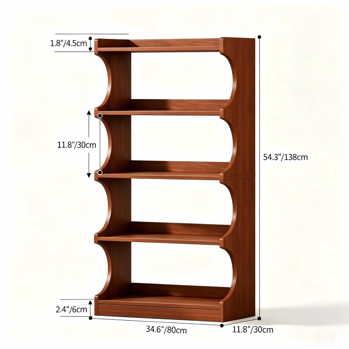4-Tier Arched Walnut Bookcase
