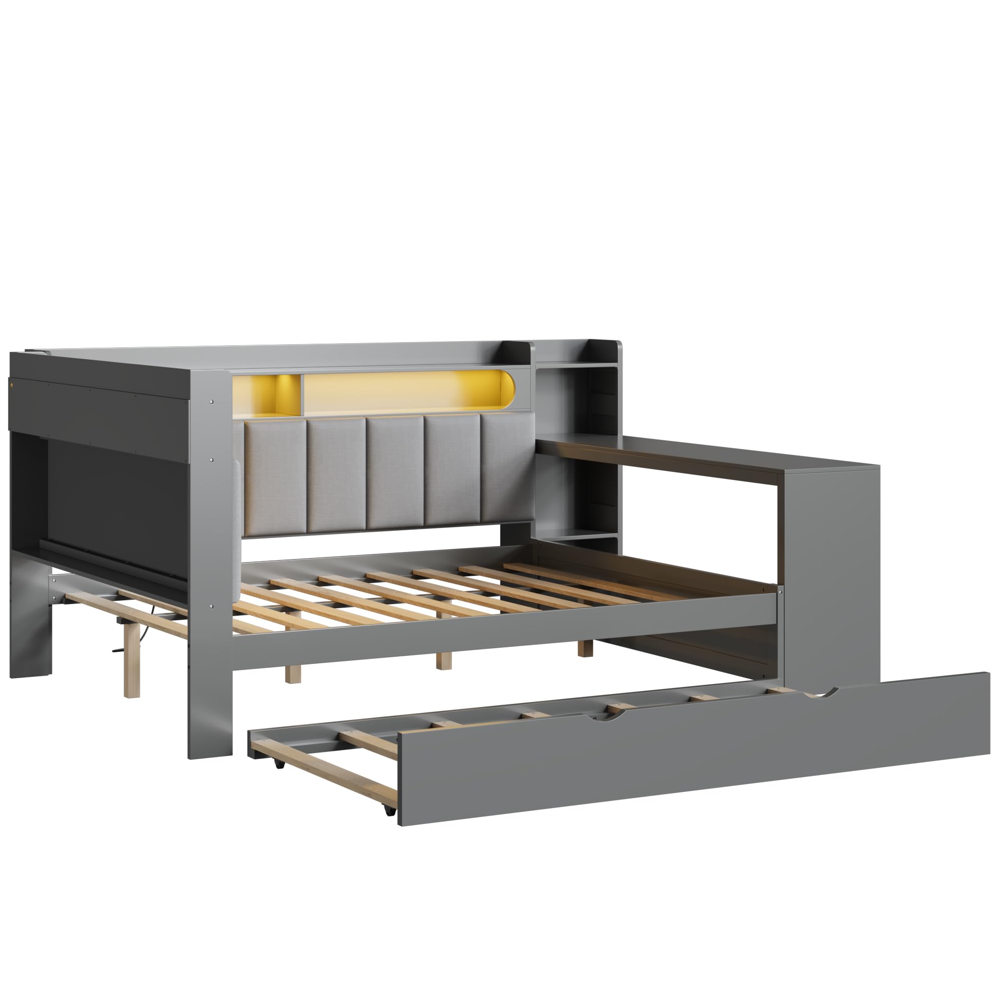 Merax Full Size Daybed with Storage Shelves and Trundle, Wooden Corner Bed with Charging Station, LED Light, Desk, Upholstered Headboard and Backrest, No Spring Box Need