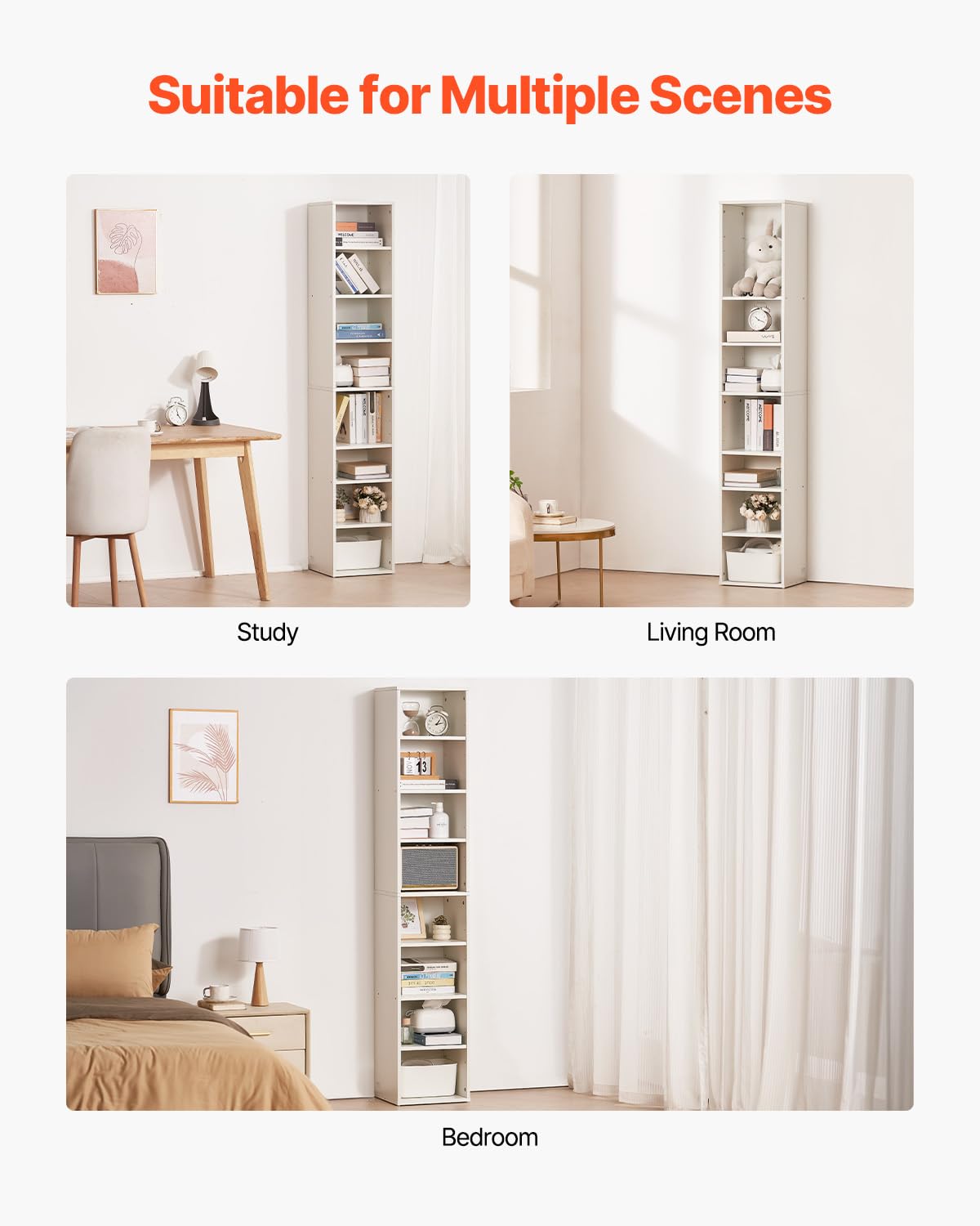 VEVOR 8 Tiers Narrow Bookshelf, 71 inch Tall Wooden Open Bookcase White