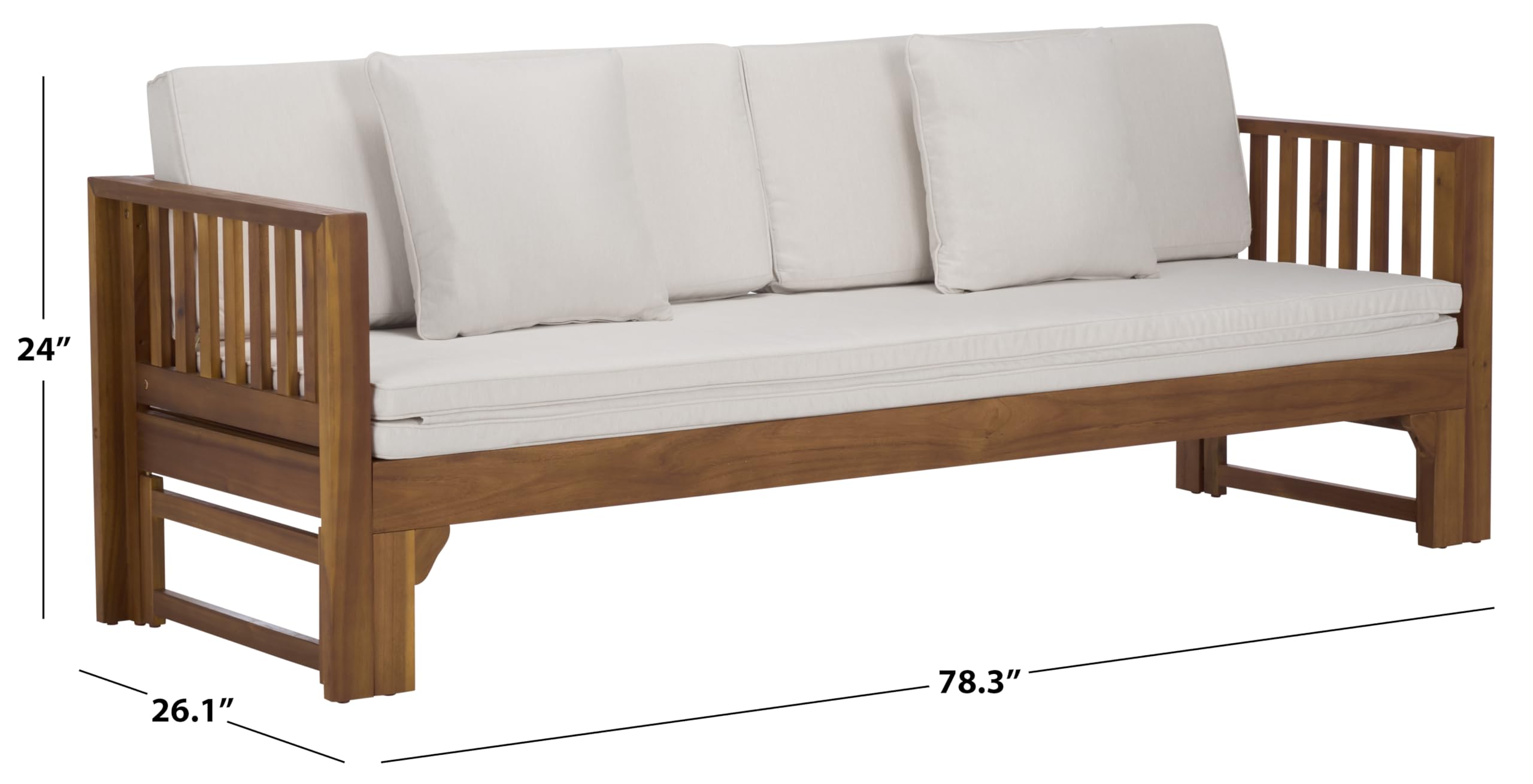 SAFAVIEH Outdoor Patio Furniture Collection - Napoli Brown & Cream Solid Wood Bench Convertible Daybed with Cushions, Versatile Patio Seating (PAT6805A)