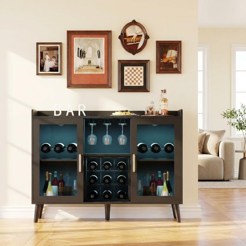 GAOMON Modern Wine Bar Cabinet with LED Lights - Freestanding Coffee & Liquor Storage Cabinet with Glass Holder, Wine Rack, and Doors, 47" Buffet Sideboard for Kitchen Living Dining Rooms, Black