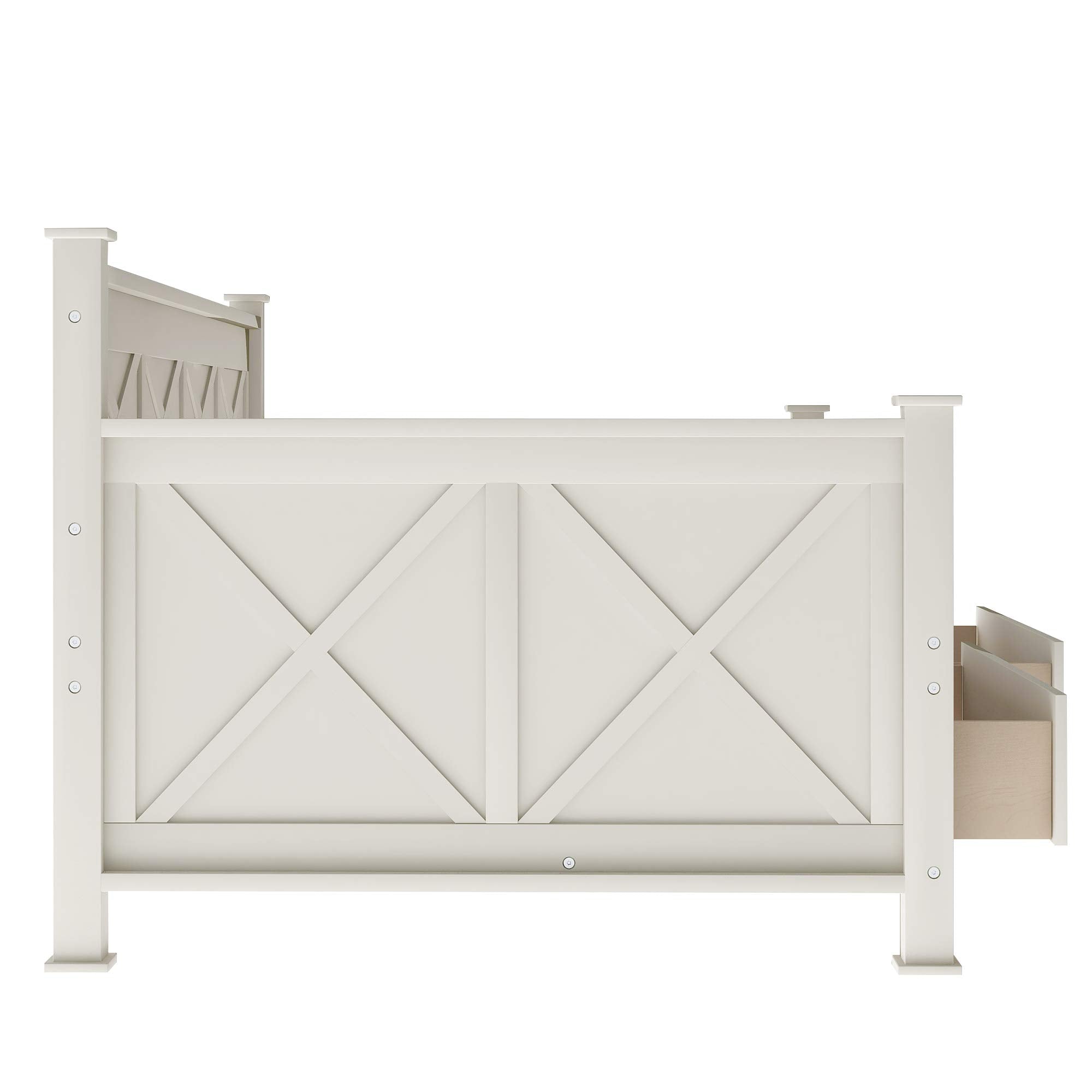 Twin Size Solid Wood Daybed Frame with 2 Storage Drawers,X-Shaped Backrest and Armrests,Low Profile Design,Perfect for Kids Room,Small Space,Apartment,No Box Spring Needed,Space Saving,Cream White