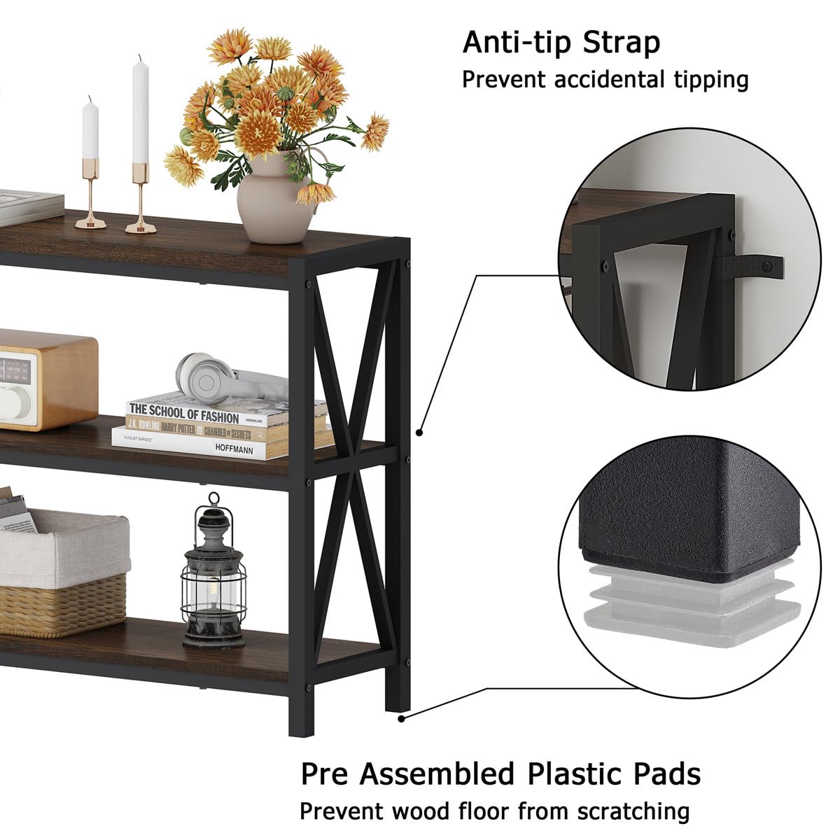 FATORRI Console Table for Entryway, 55 Inch Modern Entry Table with 3 Tier Shelves, Couch Tables Behind Sofa for Living Room, Dark Walnut