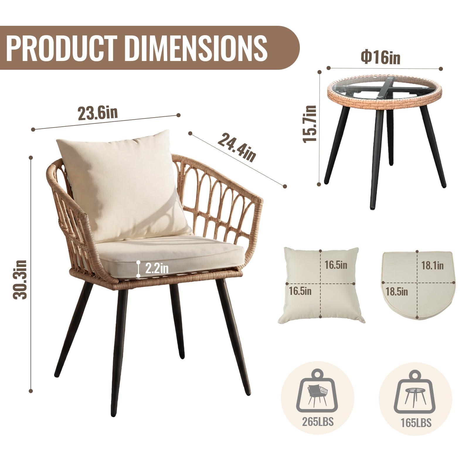 3 Piece Patio Bistro Set, Outdoor Wicker Apartment Balcony Furniture Set, All-Weather Rattan Patio Conversation Set for Backyard, Balcony and Porch with Soft Cushions, Tempered Glass Side Table(Beige)