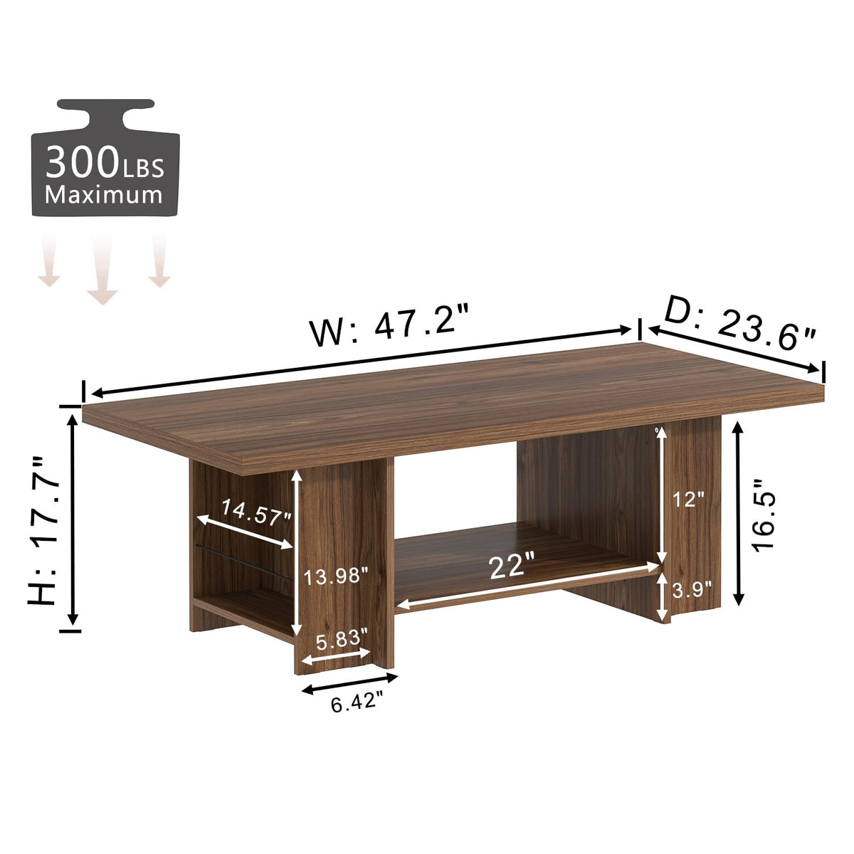 FOLUBAN Coffee Table, Modern Wood Living Room Table with Storage Bottom Shelf & Side Shelves, Rectangle Center Table Cocktail Tea Table for Home Office, Rustic Walnut, 47 Inch