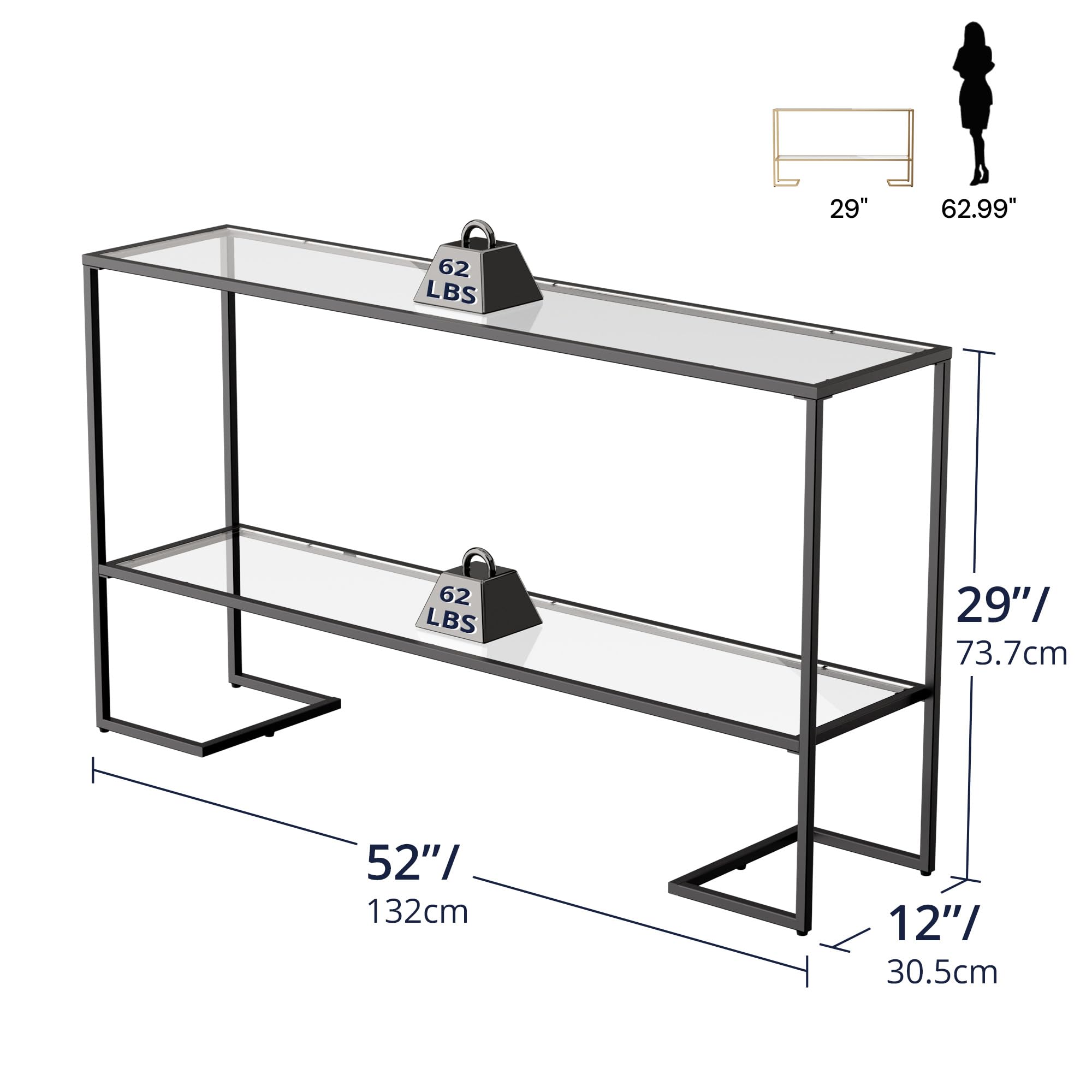 Cozy Castle 52" Entryway Table, 2-Tier Narrow Console Table with Tempered Glass & Sturdy Metal Frame, Modern Sofa Table with Storage Shelves for Entryway, Hallway, Foyer, Living Room, Black