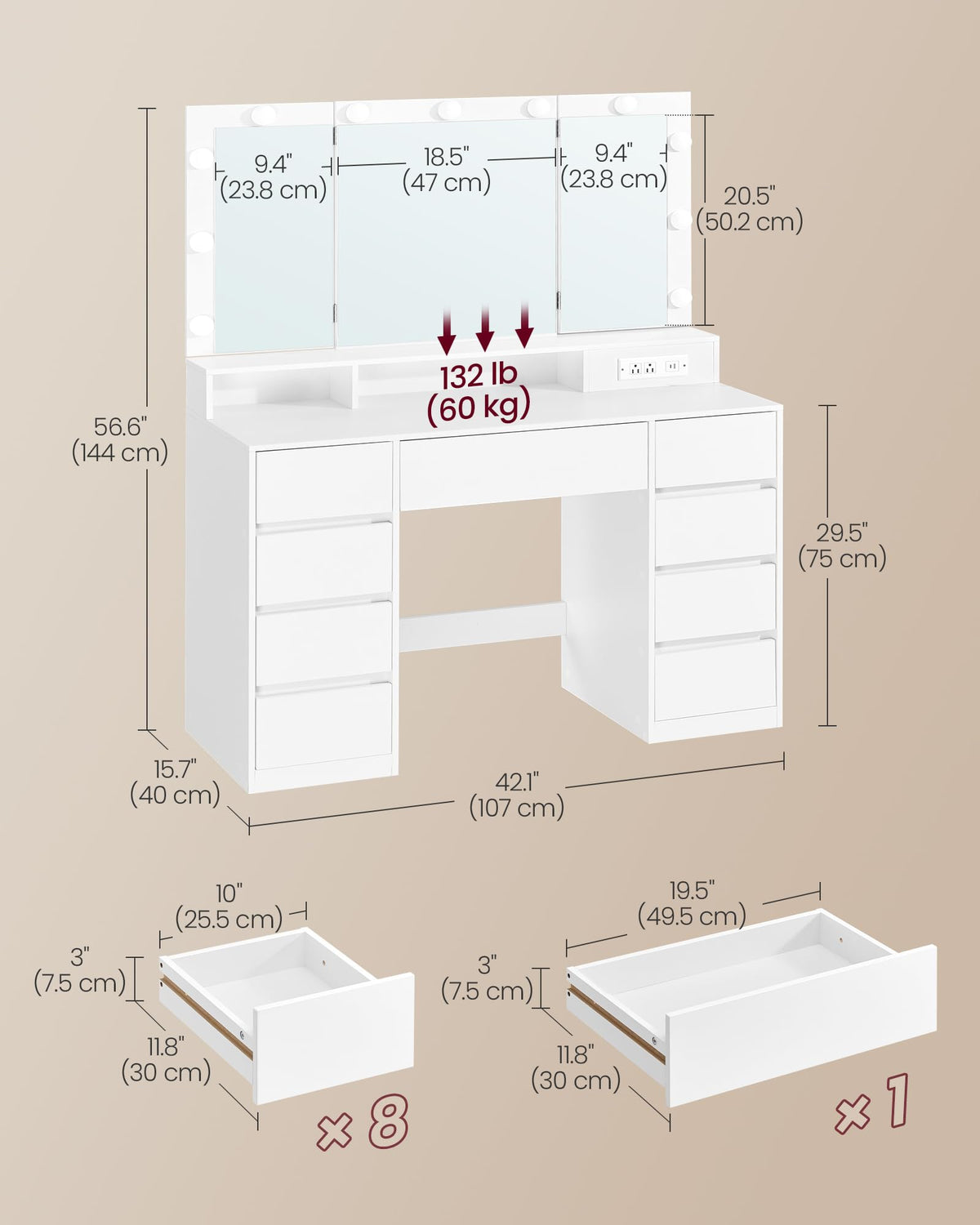 9-Drawer Lighted Makeup Vanity