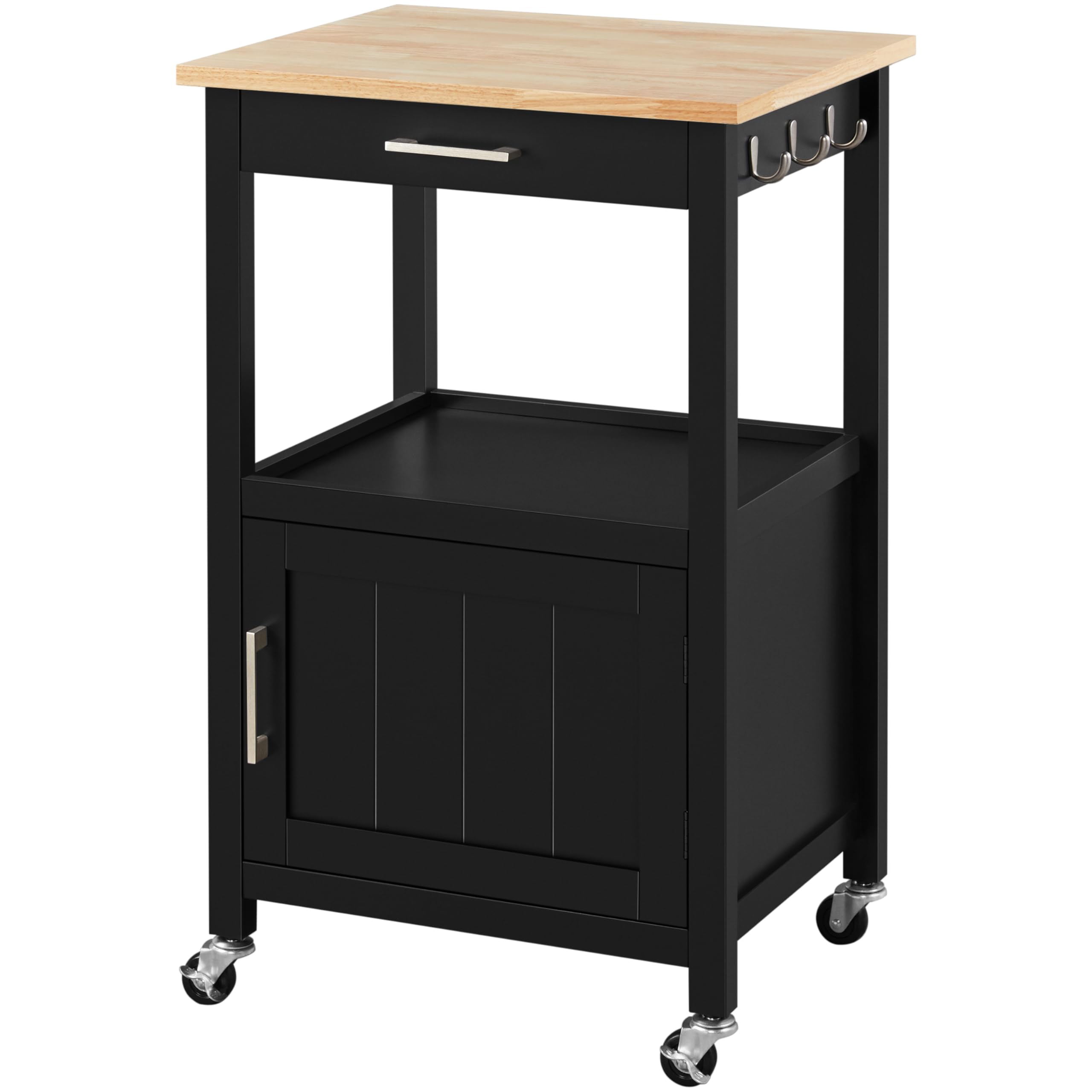 Yaheetech Kitchen Island Cart with Storage, Rolling Kitchen Island on Wheels with 6 Side Hooks, Wood Top Microwave Cart with Drawer for Dining Room, Black