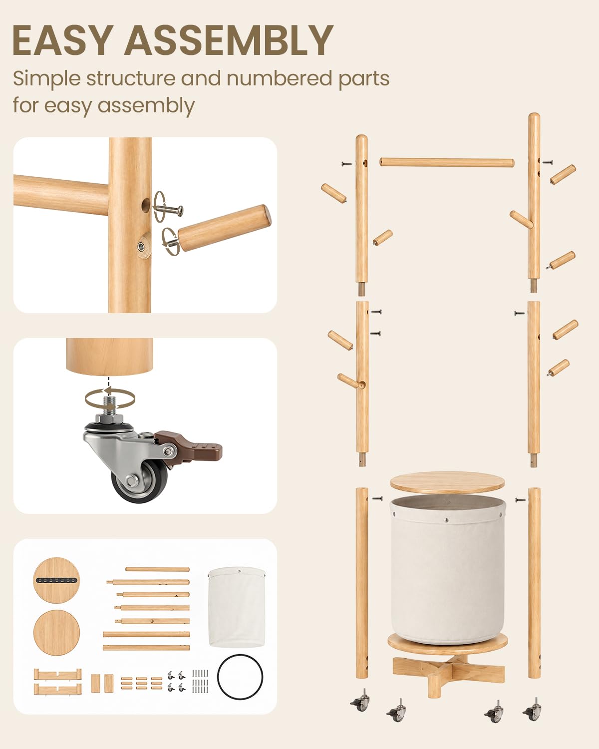 Rolling Wood Coat Rack with Basket