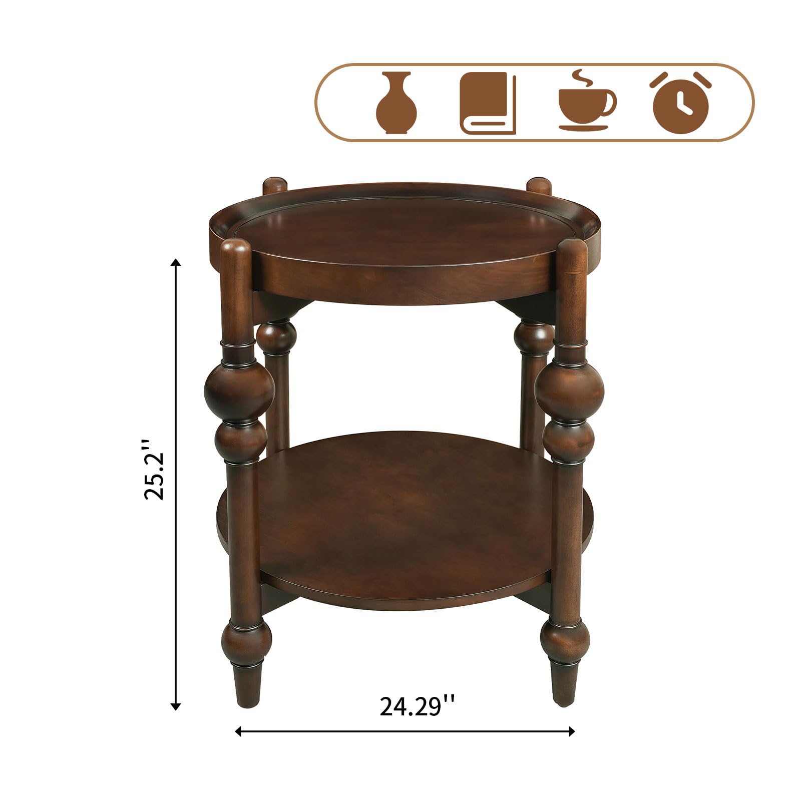 LKTART Nesting End Table for Living Room,Round Solid Wood Frame Nest Side Tables with Storage,Retro Accent Center Table for Small Space Apartment (25''D×24''H-Dark Brown)