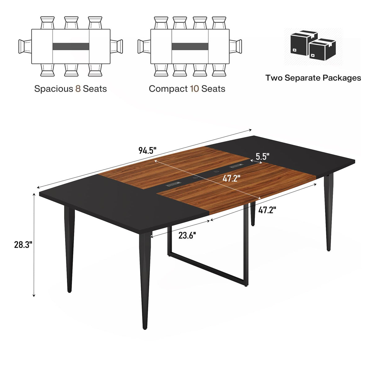 Yanosaku 8FT Conference Table with Power Hubs, Large Meeting Table for 8-10 People, Sturdy Metal Legs, 2 Cable Grommets, Modern Office Conference Table for Conference Room, Office, Meeting Room