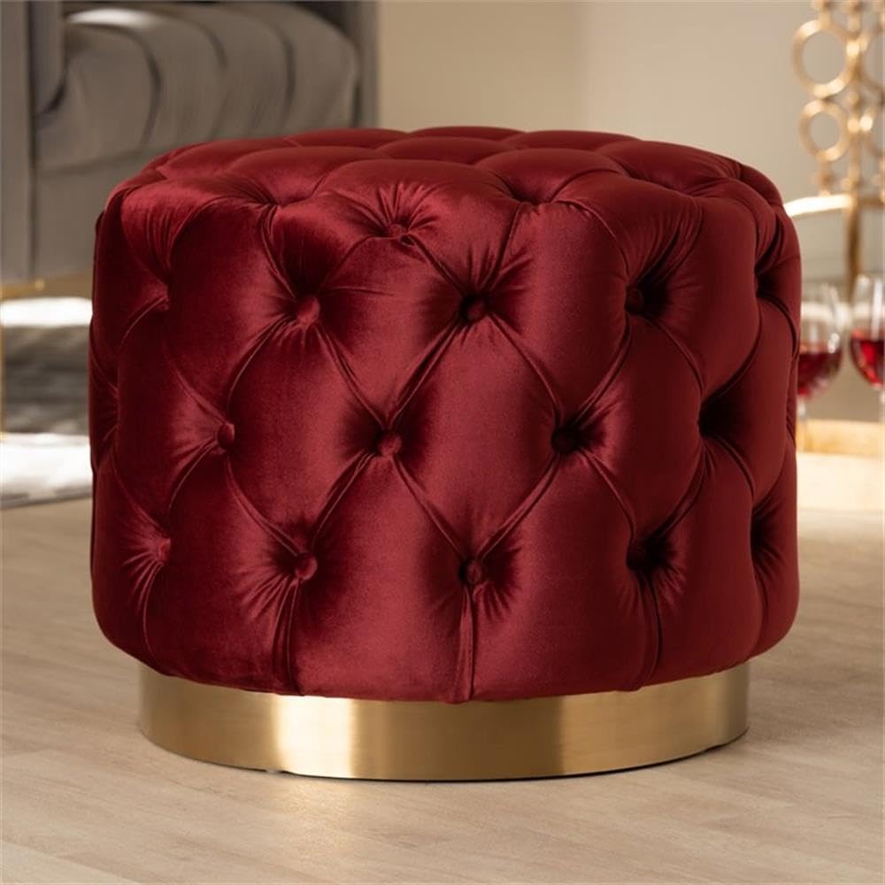Burgundy Velvet Tufted Ottoman