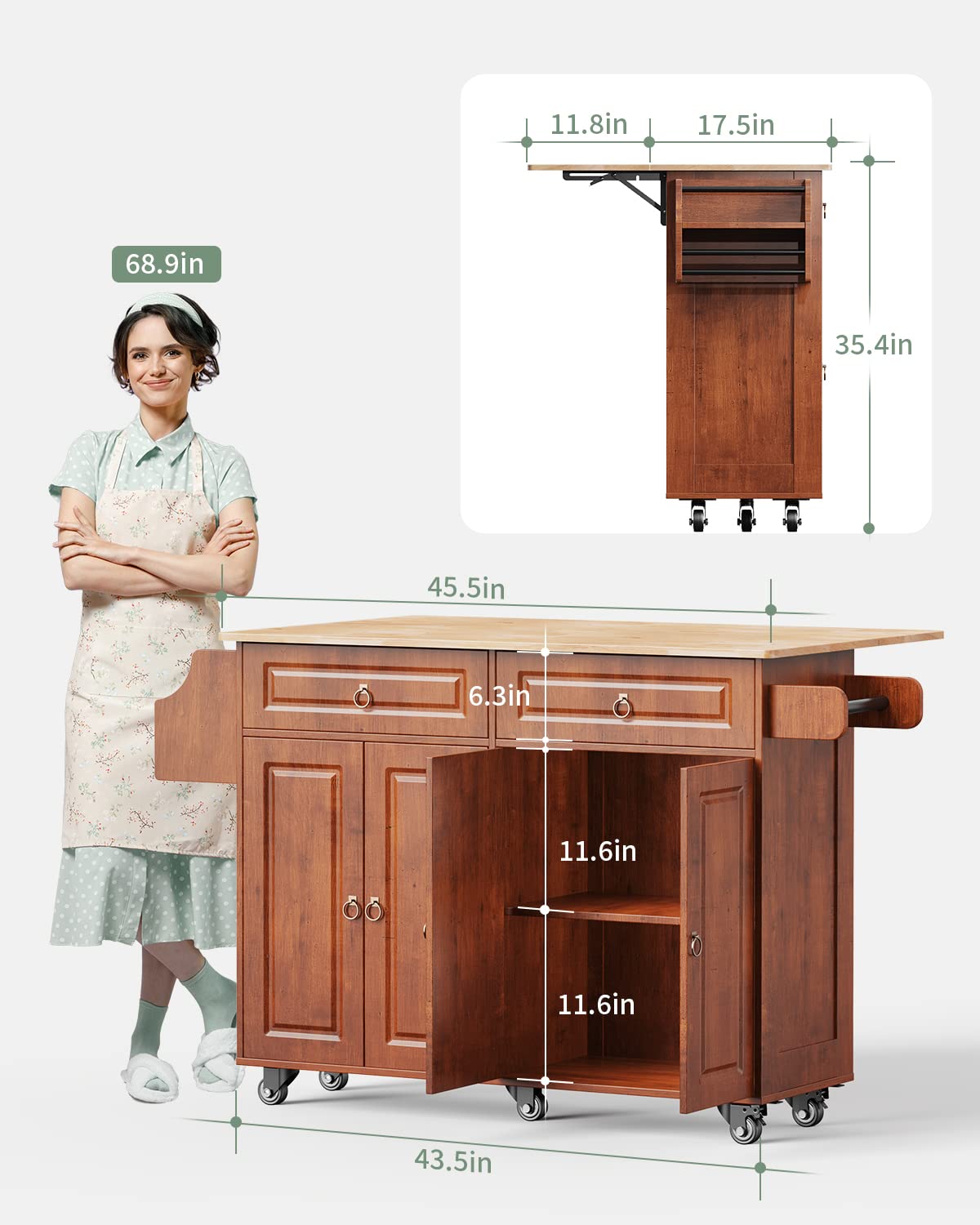 Kitchen Island with Drop Leaf & Storage on Wheels