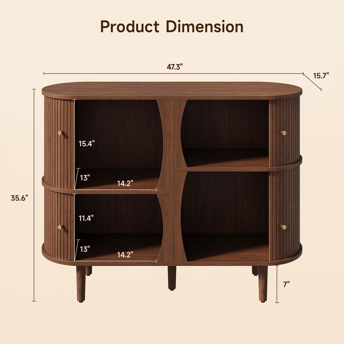 ONBRILL 48" Fluted Sideboard Buffet Cabinet, 4 Storage Cabinets, Walnut