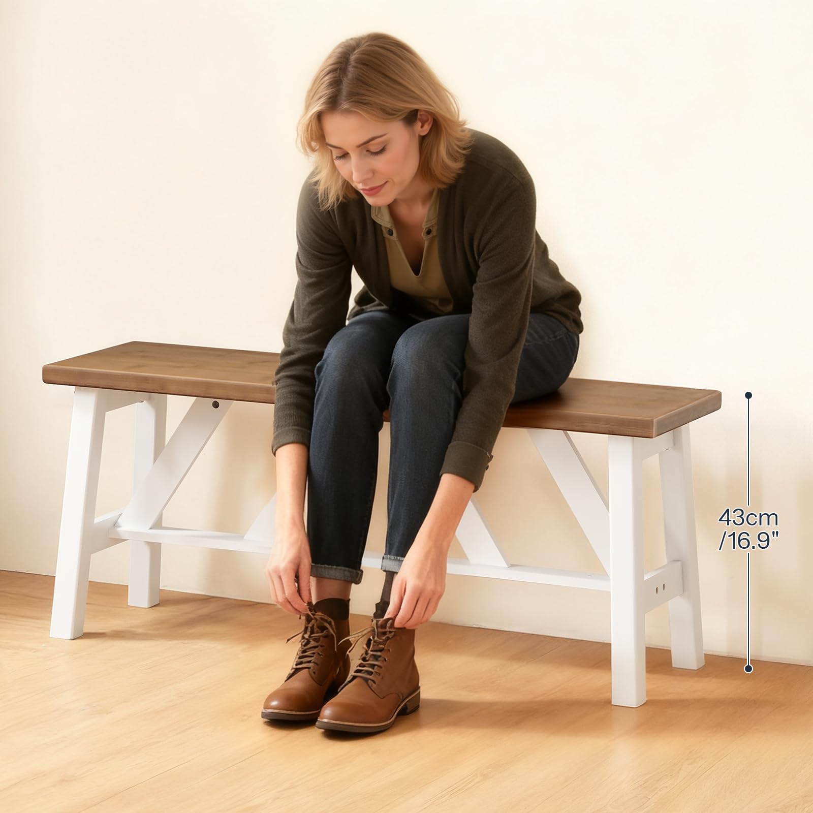 Bamboo Dining Bench 39.4" | Farmhouse Style | Walnut & White