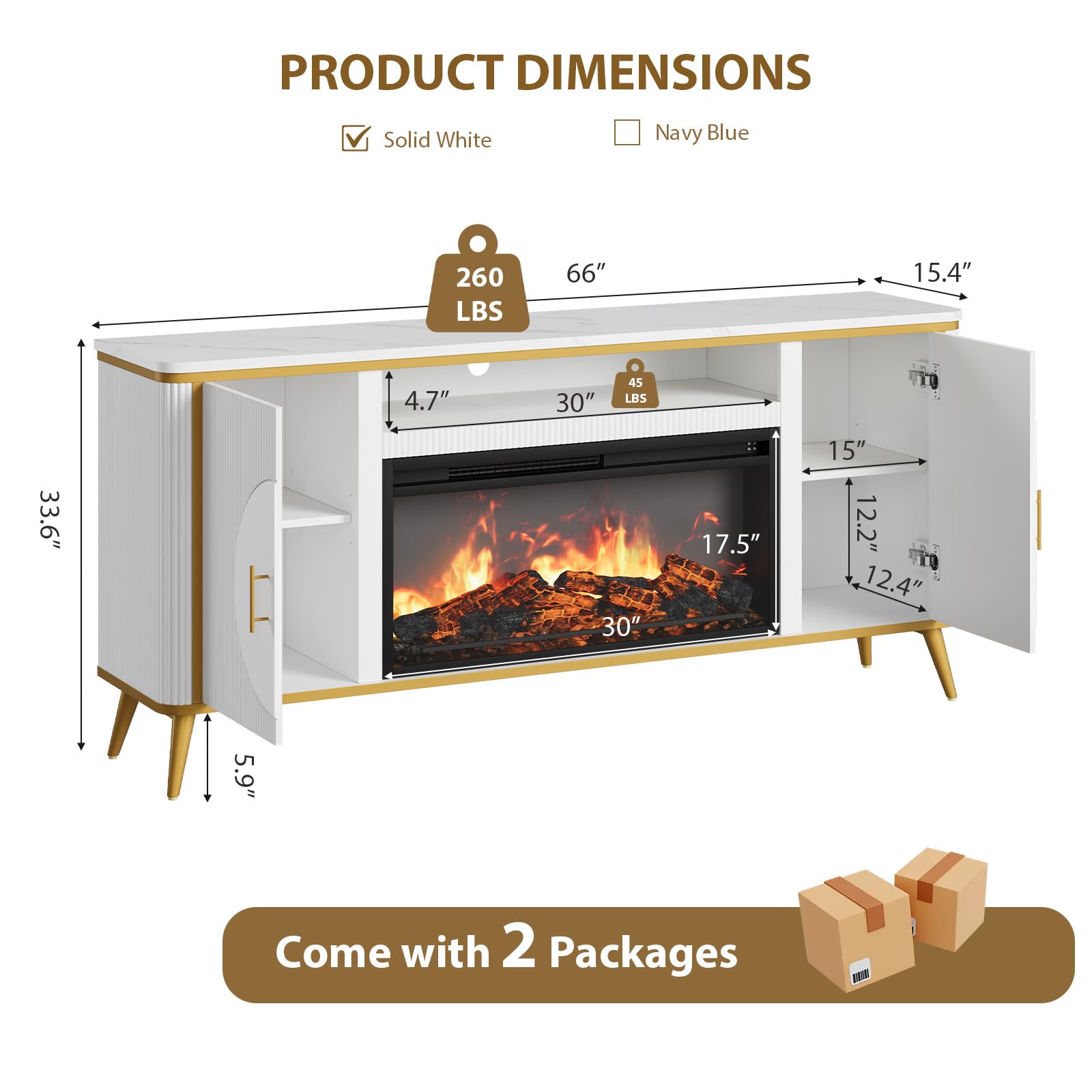 Fluted Fireplace TV Stand Up to 80" TVs, Modern Entertainment Center with 30" Electric Fireplace, Luxury Media Console with Adjustable Shelves for Living Room, White