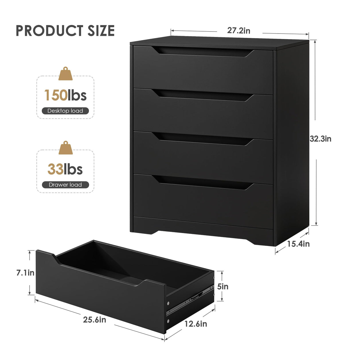 HOSTACK Modern 4 Drawers Dresser, Wood Chest of Drawers with Storage, Black