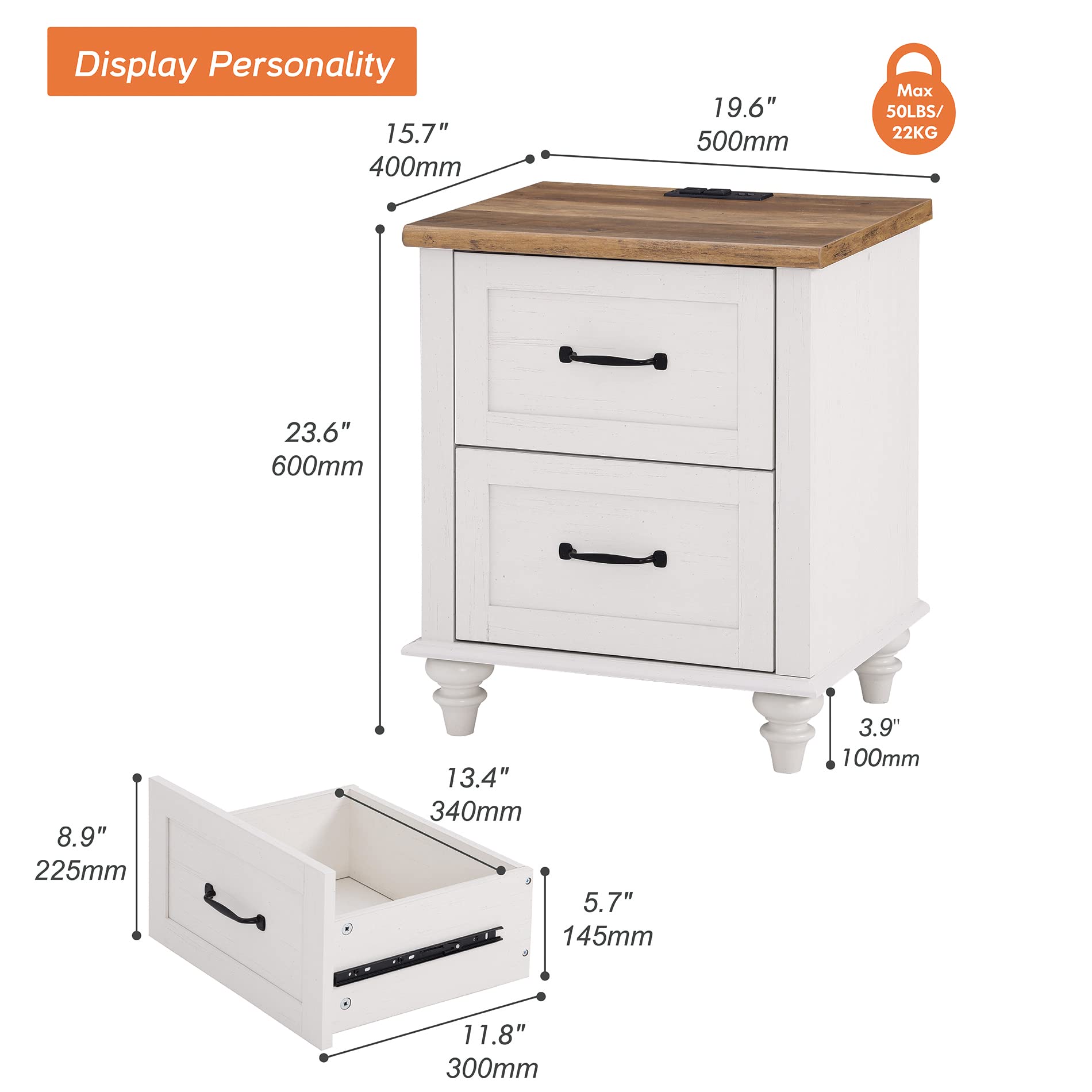 WAMPAT Side Tables Set of 2 Nightstands, Mid-Century End Table for Bedroom, Wooden Bedside Table with 2 Large Drawers, Solid Wood Leg Night Stand for Bedroom & Living Room, Off White