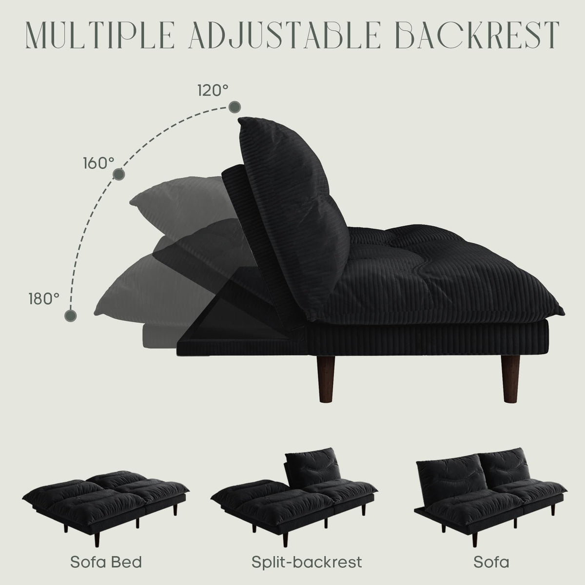 DreamDashio Futon Sofa Bed, 69 inch Futon Couch with Adjustable Backrest, Corduroy Convertible Sleeper Sofa Bed, Folding Sleeper Recliner for Apartment, Living Room, Office, Black