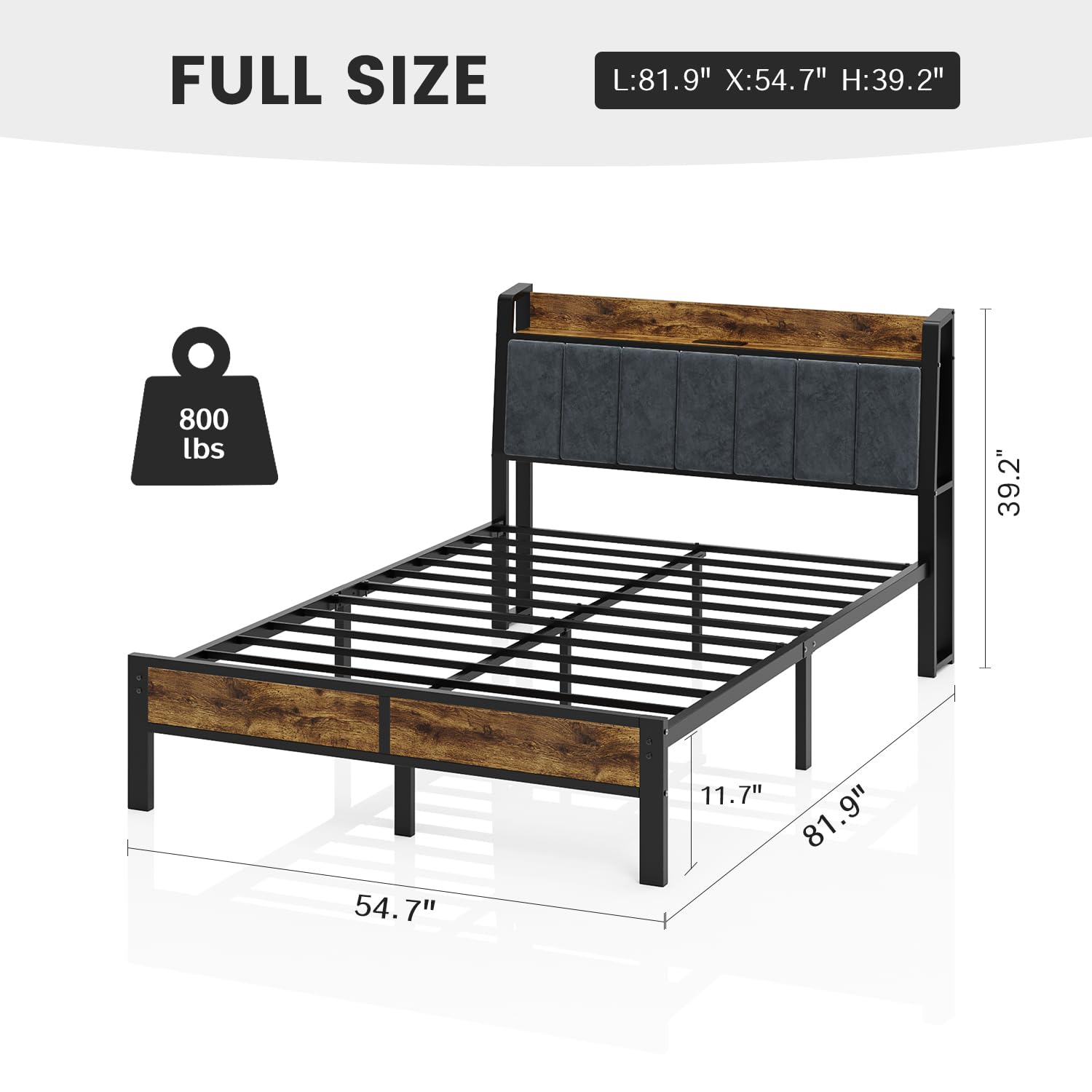 Platform Bed Frame with Charging Headboard, RGB LED Lights & Metal Slats