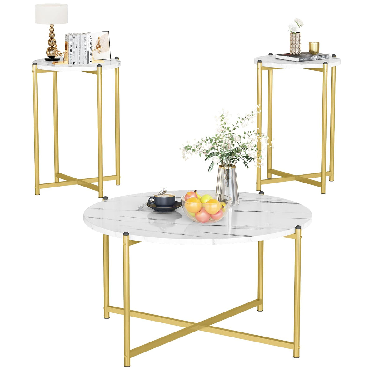 3-Piece Round Faux Marble Table Set