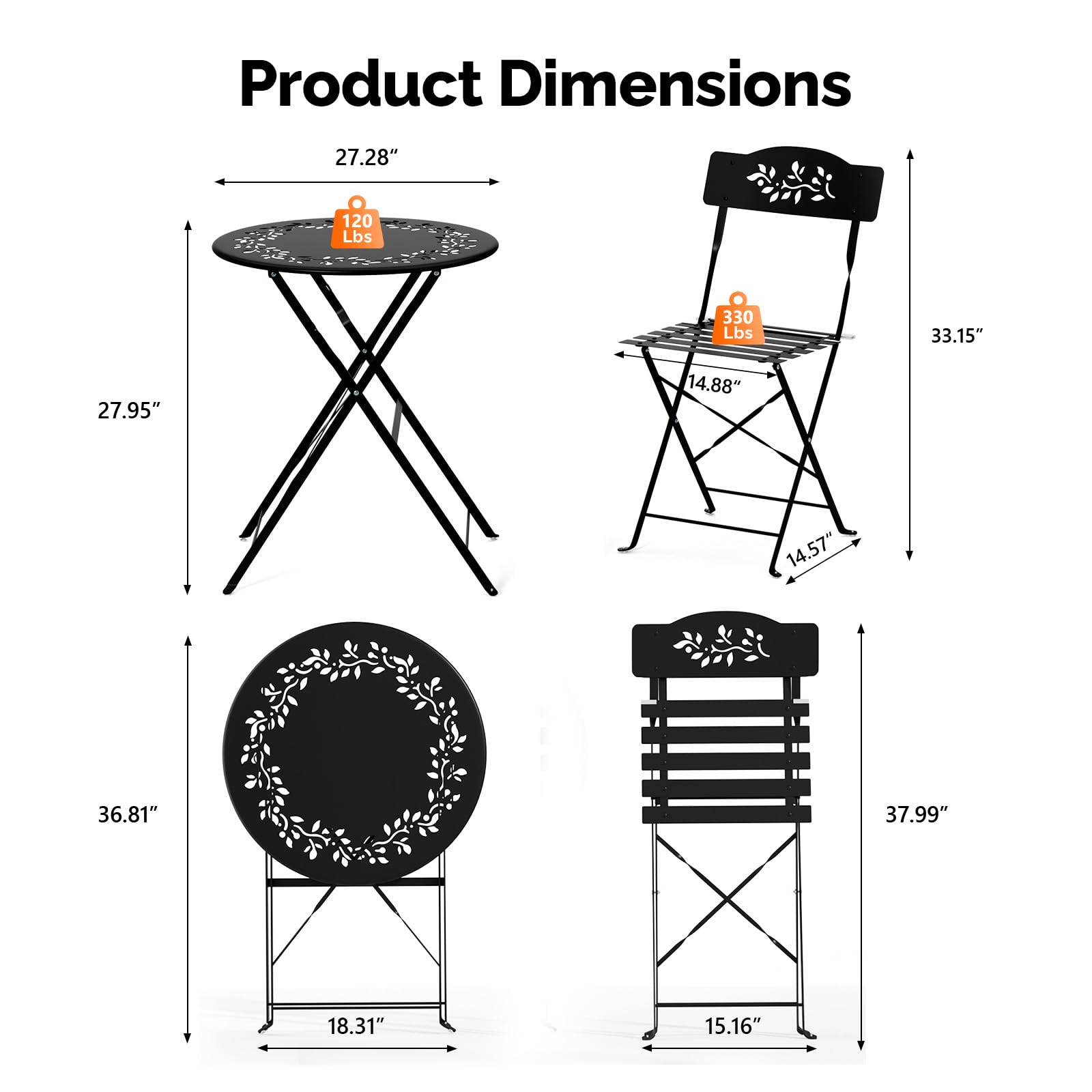 Outdoor Folding Bistro Set with Cushions – 3 Piece