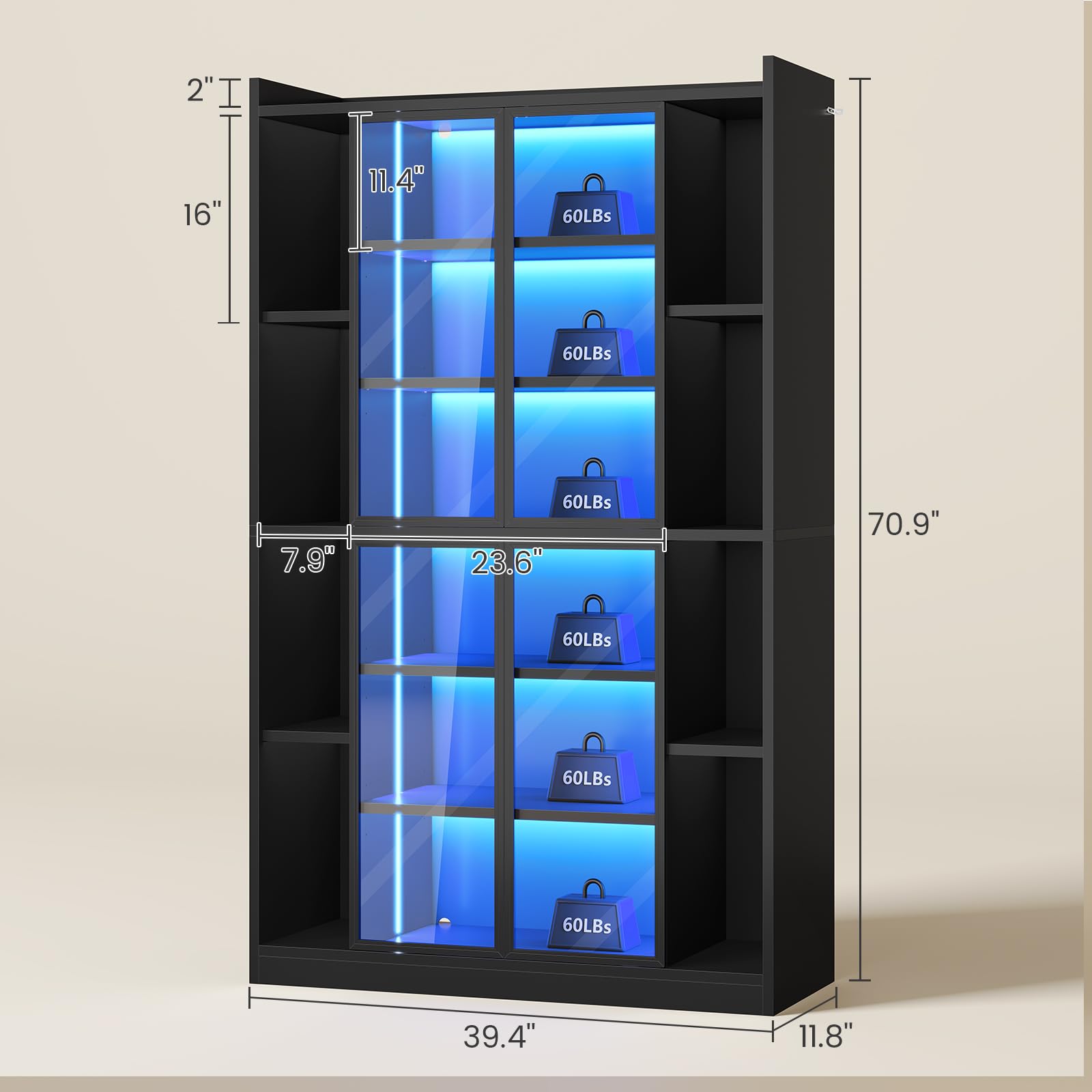 71" Glass Door Display Cabinet with RGB LED Lights & Adjustable Shelves