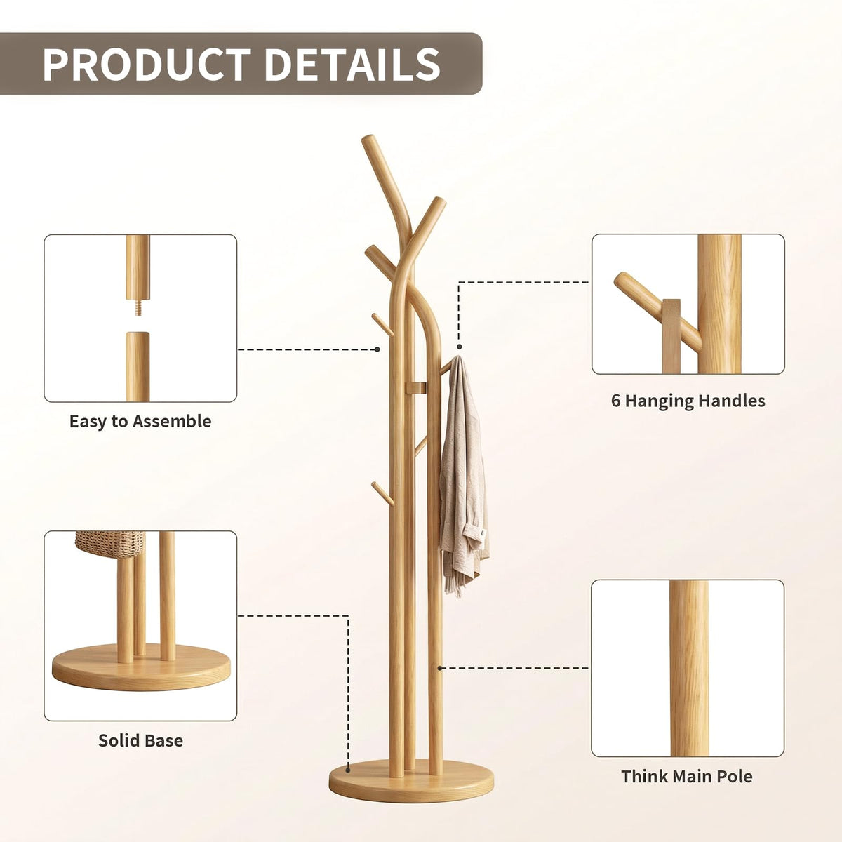 Solid Wood Coat Rack with 9 Hooks