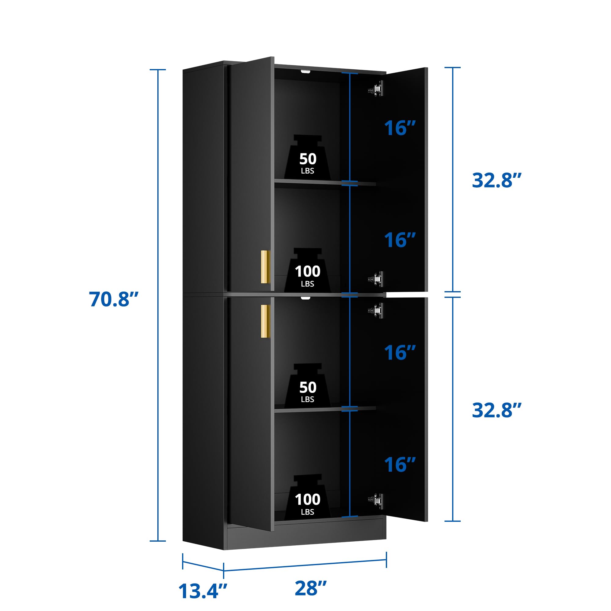 Cozy Castle Kitchen Pantry Cabinet, 71" Tall Wood Storage Cabinet with Doors and Shelves 4 Doors Freestanding Cupboard for Dining Room Living Room Furniture, Black