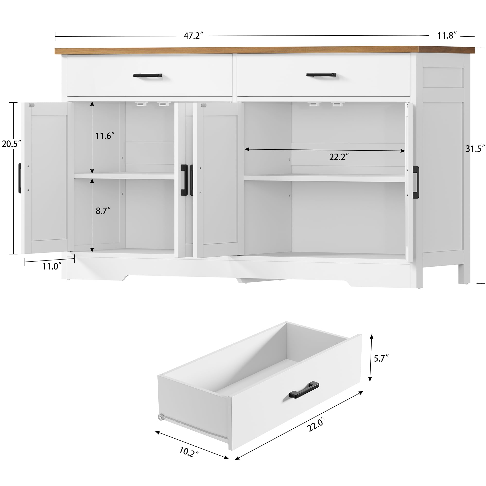 SLINEMO Buffet Cabinet with Storage and 2 Drawers, Large Sideboard Buffet Cabinet with Adjustable Shelves and Doors, Modern Coffee Bar Cabinet, White
