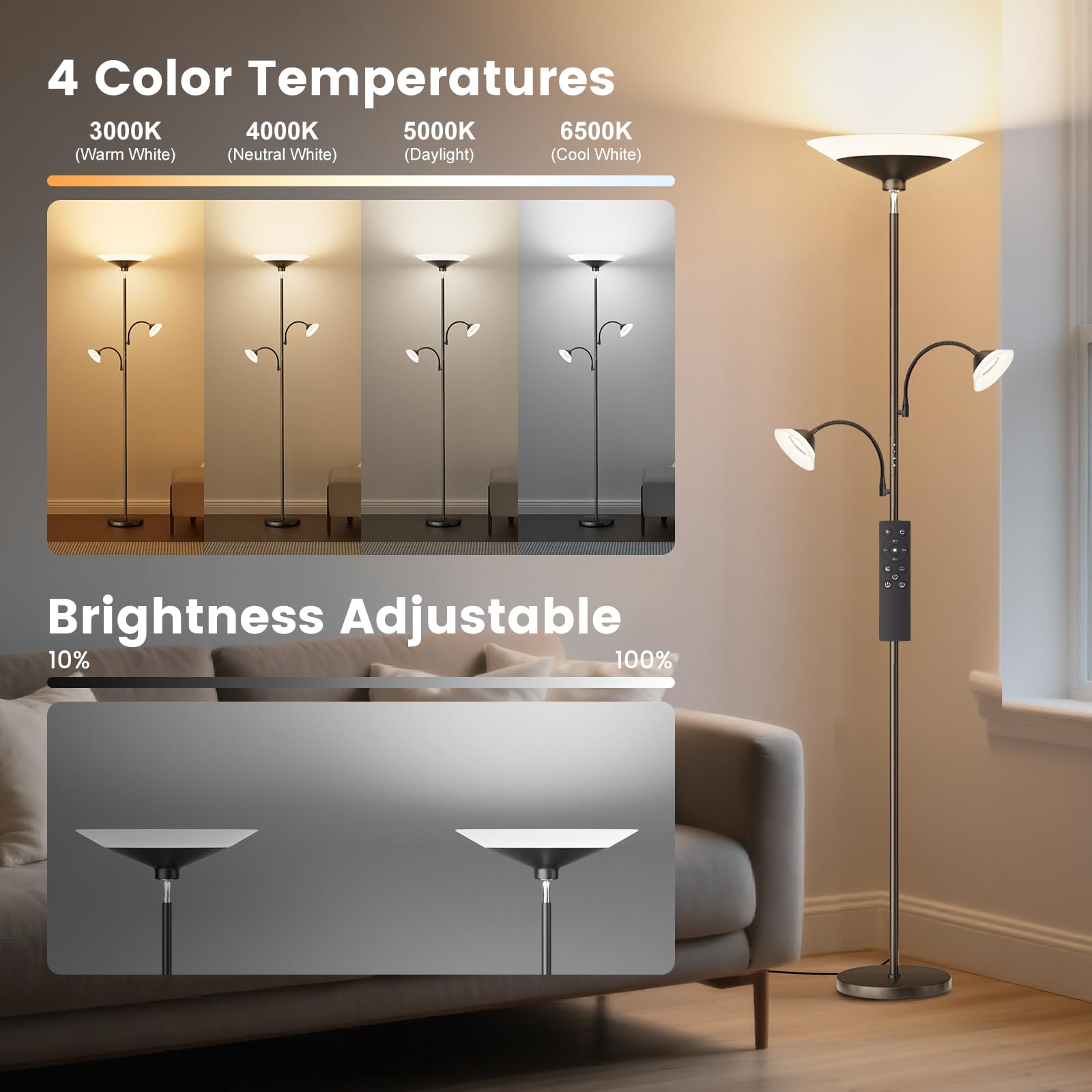 3-Light Dimmable LED Torchiere Floor Lamp