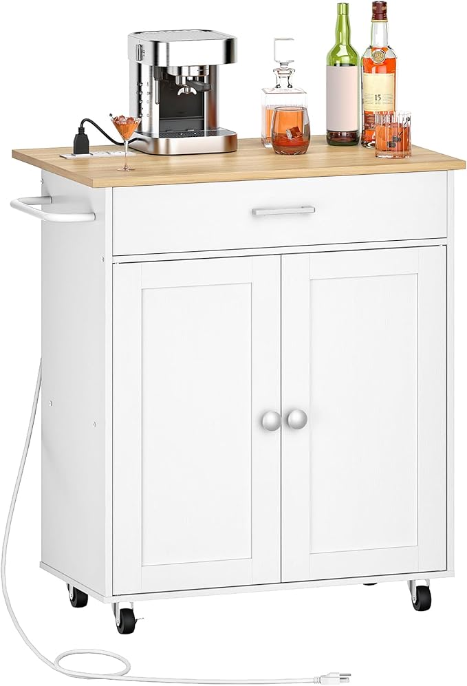 Kitchen Island Cart with Drop Leaf, Power Strip, Cabinet & Drawer