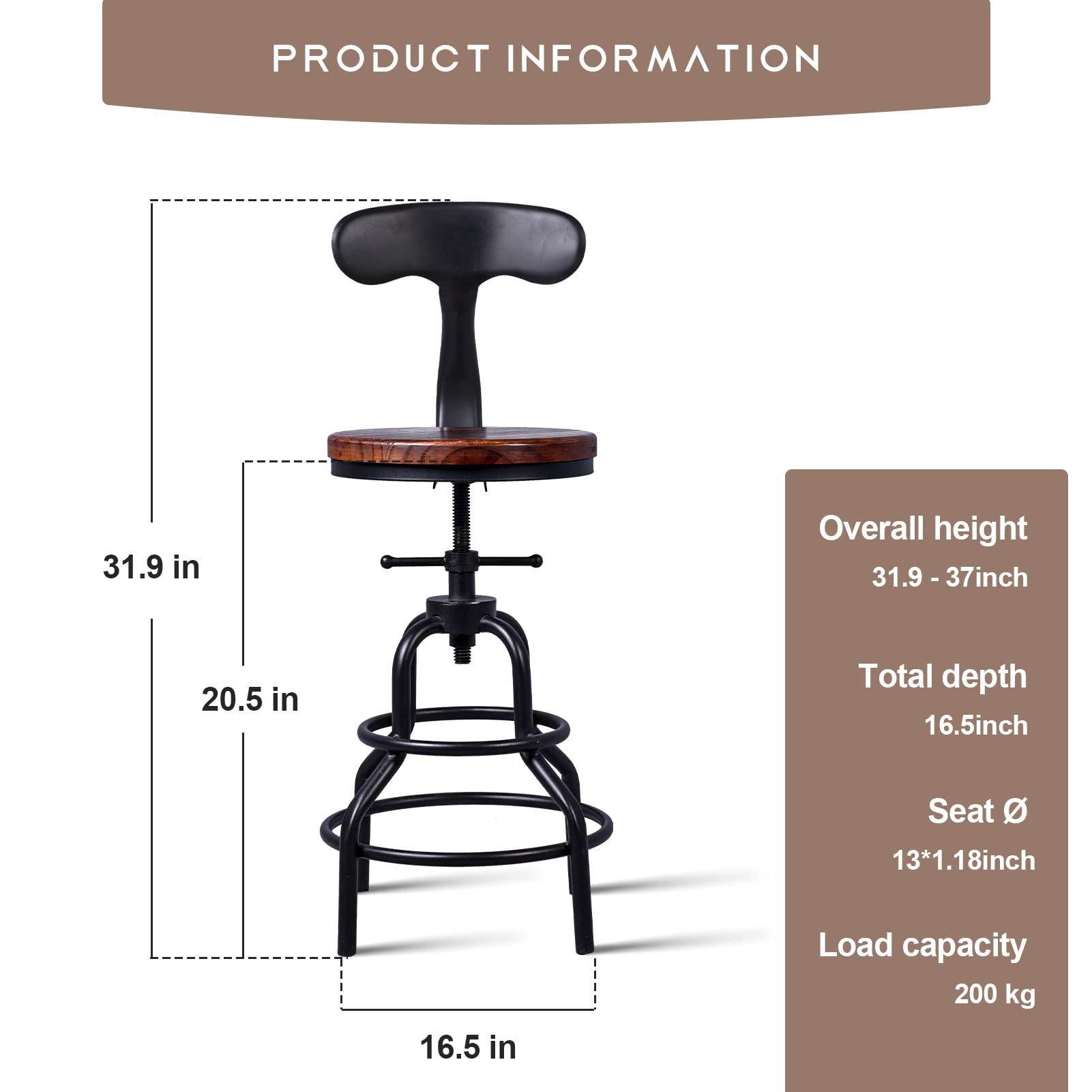 Diwhy 3 Piece Bar Set Industrial Style Adjustable Dia 19.7" Bar Table and 2 Stools with Backrest for Kitchen, Pub, Bistro