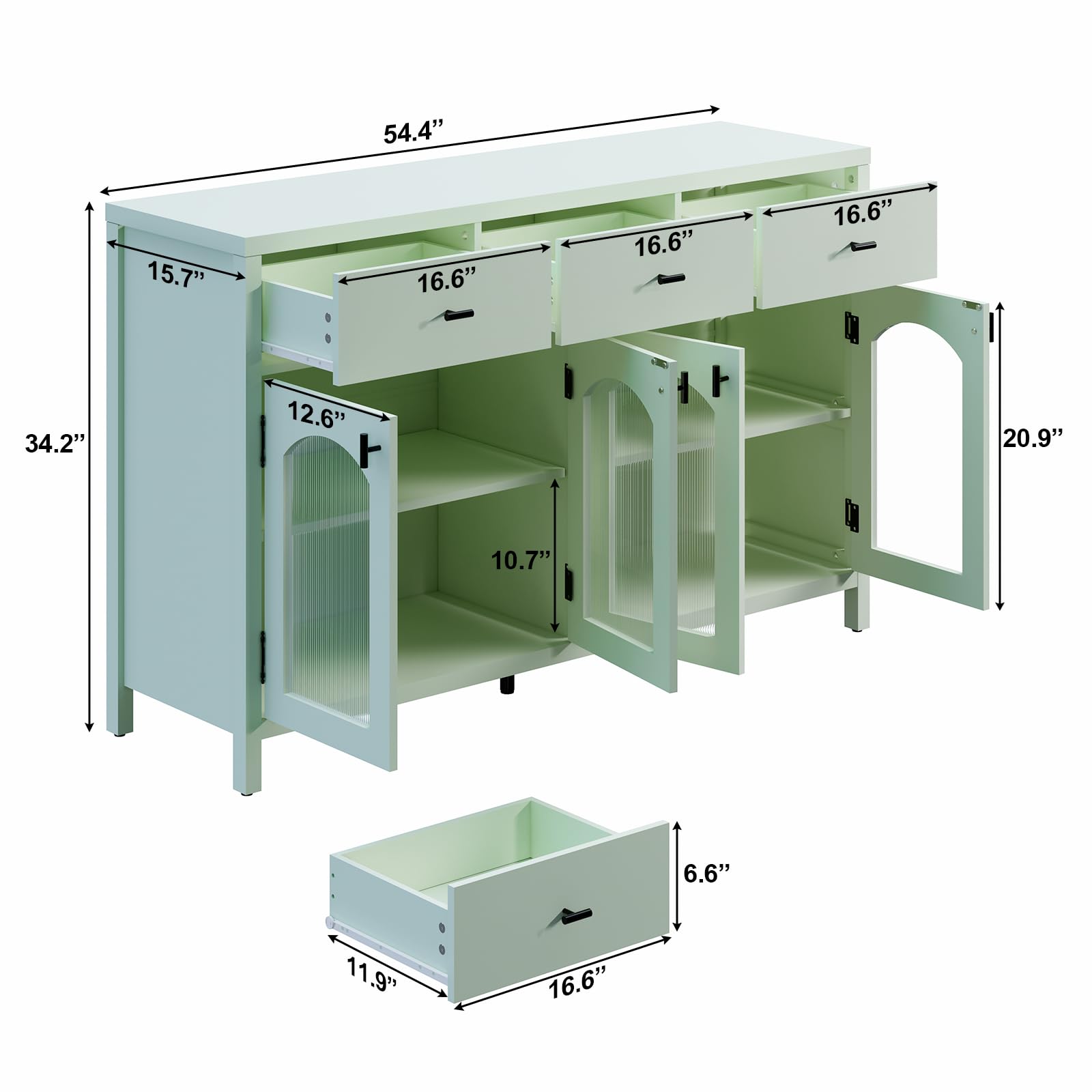 Chyanmoo 54.4" Sideboard Buffet Cabinet with Storage, Farmhouse Credenza with 3 Drawers & 4 Arched Fluted Glass Doors, Kitchen Coffee Bar for Dining Room, Living Room (Green)
