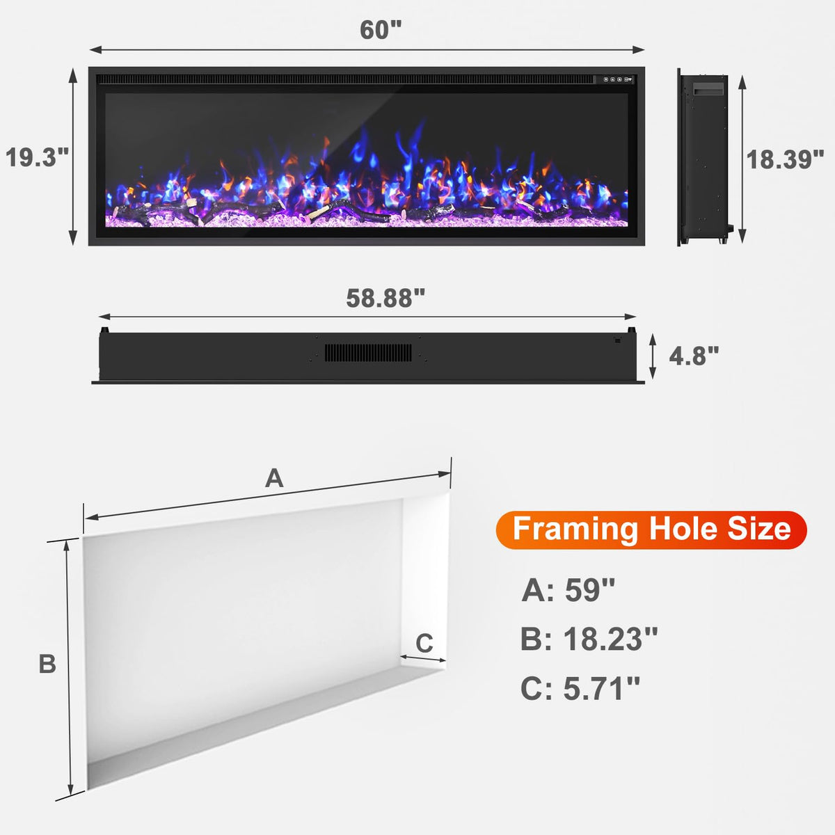 Eshoma 60" Recessed and Wall Mounted Electric Fireplace, Fireplace Heater Recessed and Wall Mounted with Heater, Adjustable 12 Flame Colors and 5 Brightness, Timer, Touch Screen,750/1500w