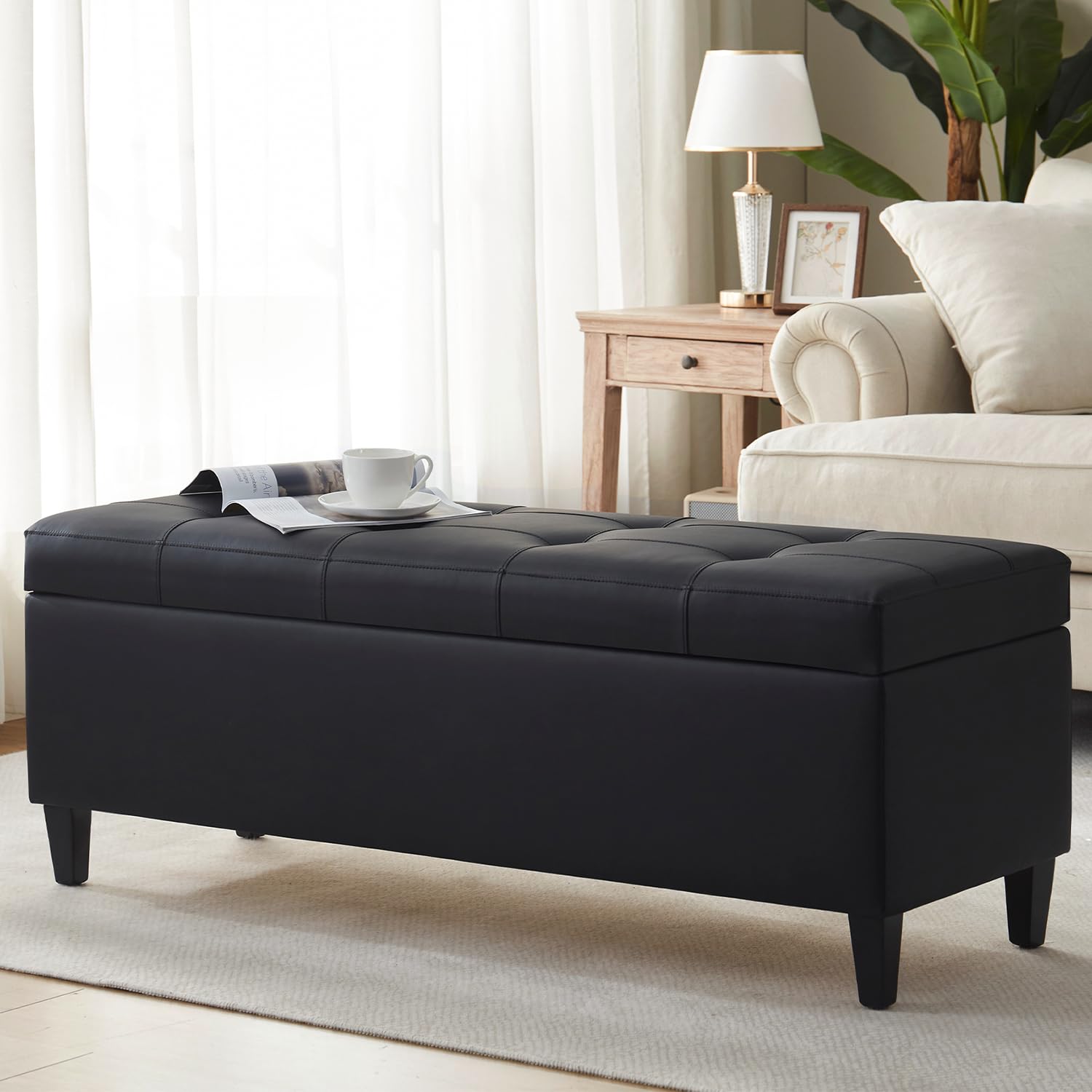 Womina 50.5 Inch Storage Ottoman Bench, Faux Leather Tufted Upholstered Bedroom Bench with Safety Hinges, Supports 300 lbs, Large Storage Bench for Living Room, Entryway (Black)