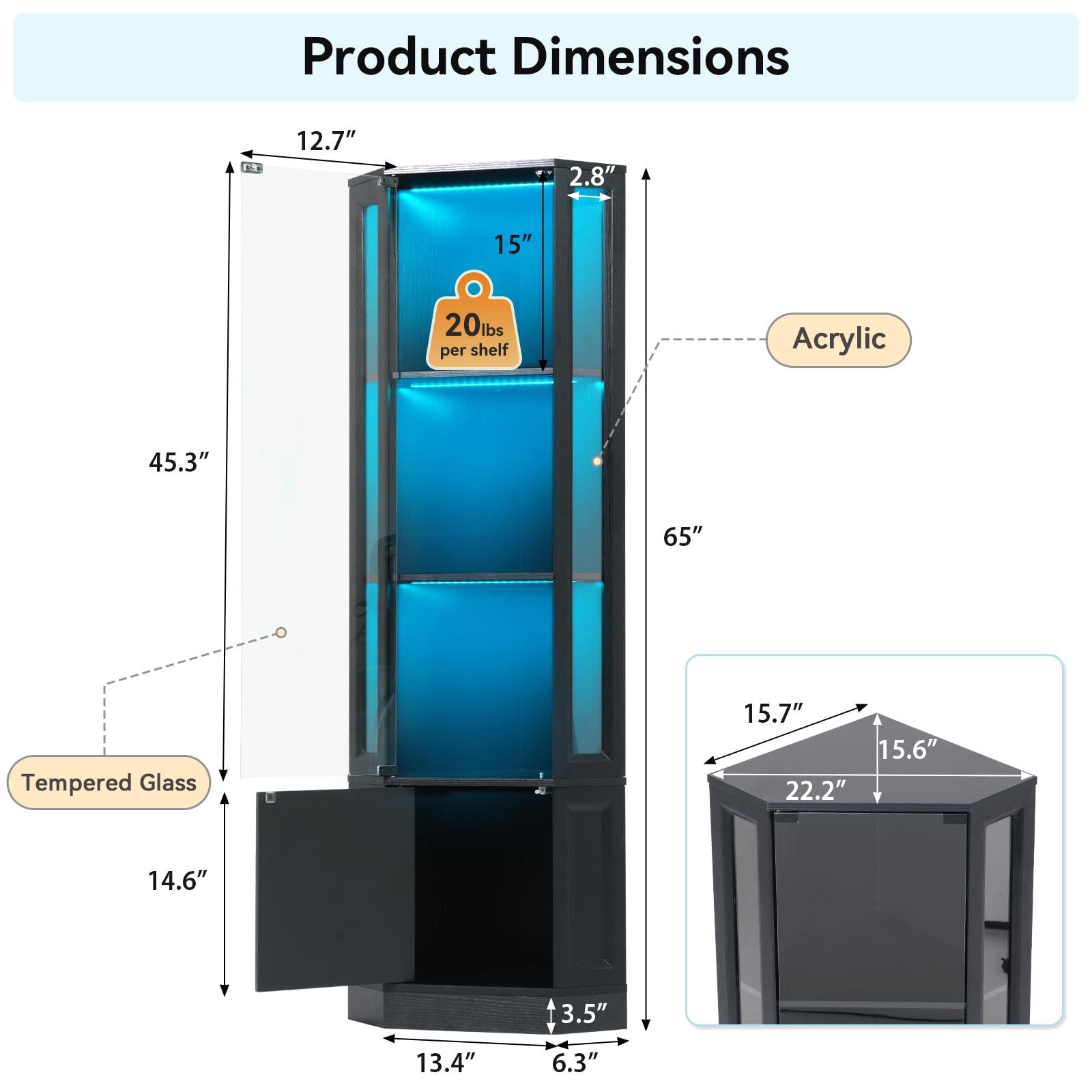 Corner Display Cabinet with LED Lights, 4-Tier Glass Curio Cabinet