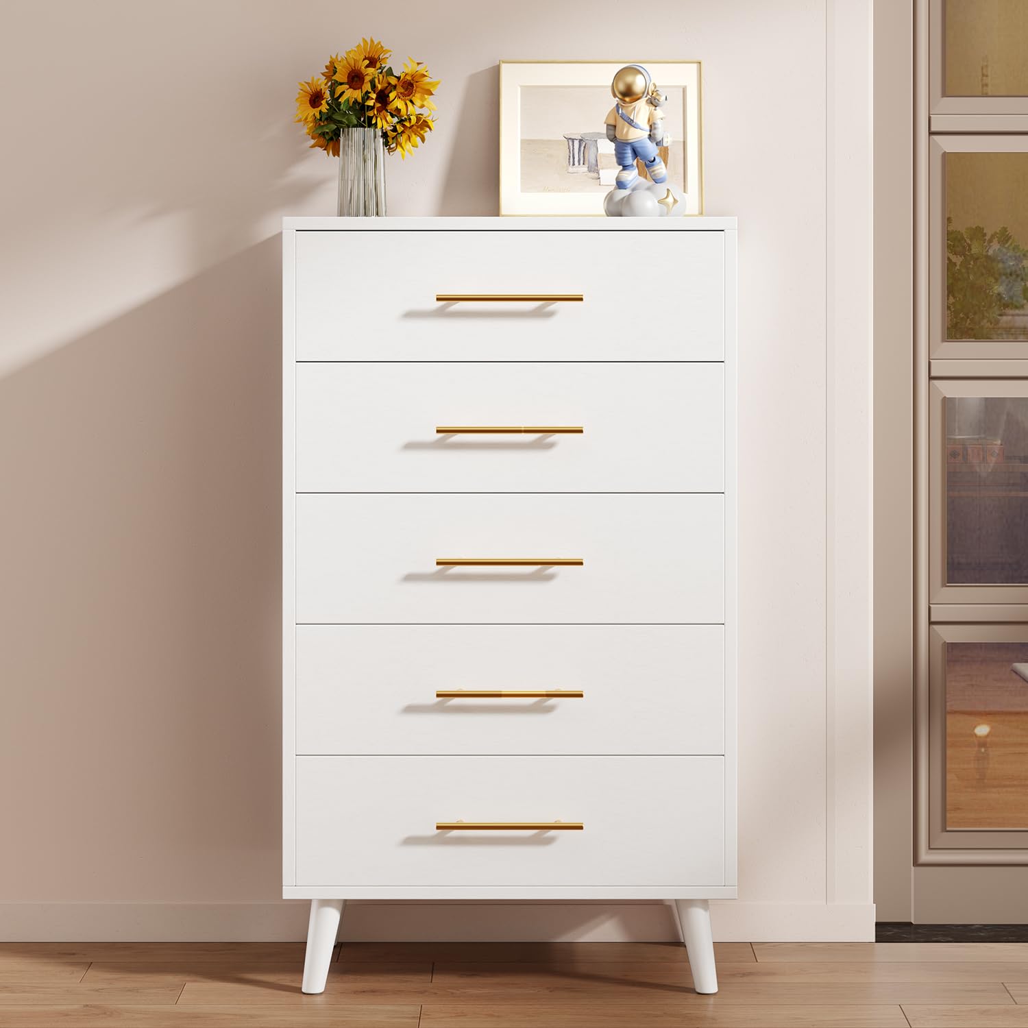 Aiho 5 Drawer Dresser, Tall Dresser with Metal Handles, Wood Storage Organizer for Bedroom, Hallway, or Entryway, White