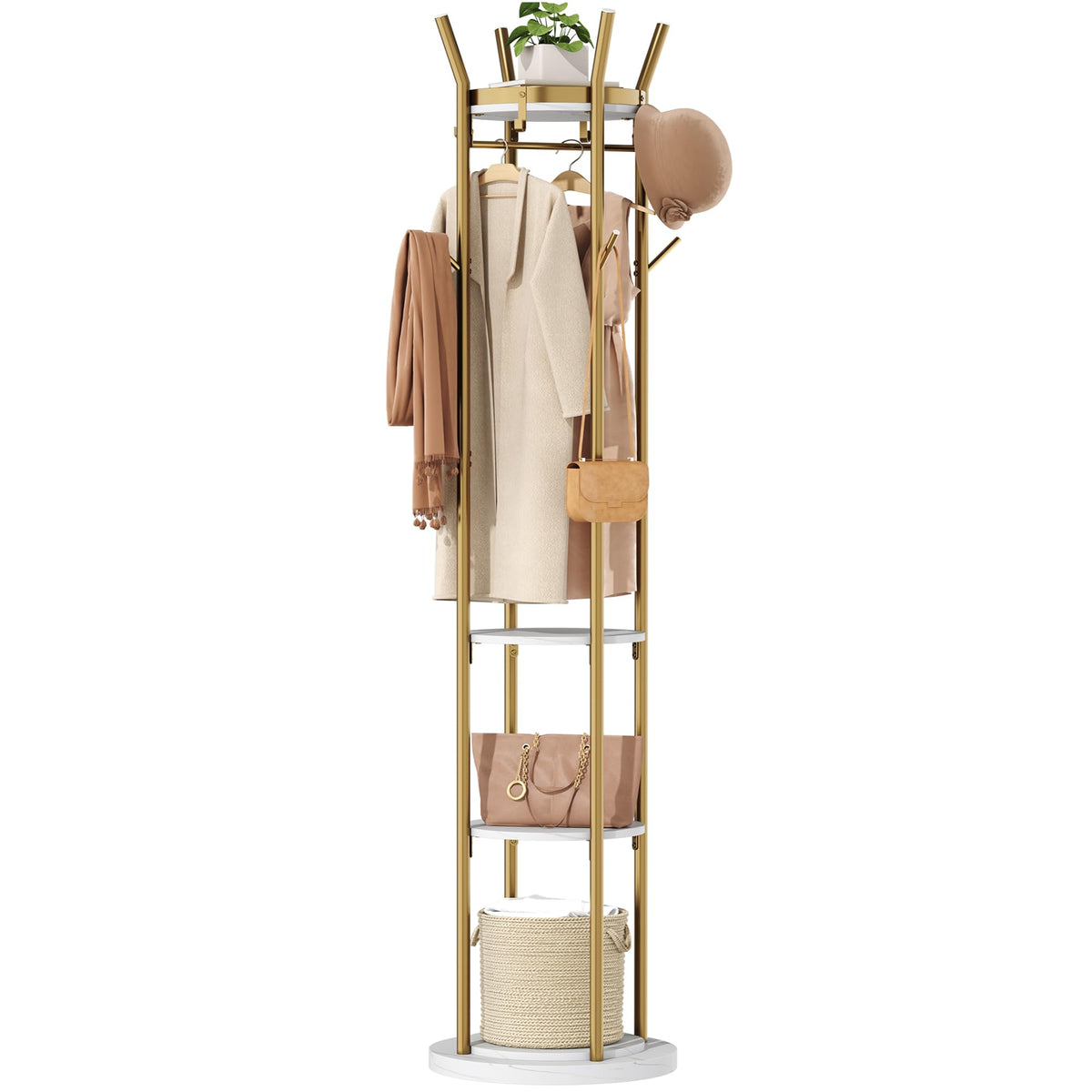 HOMEFORT Coat Rack Freestanding,Metal Coat Stand,4 Shelves,12 Hooks,Gold