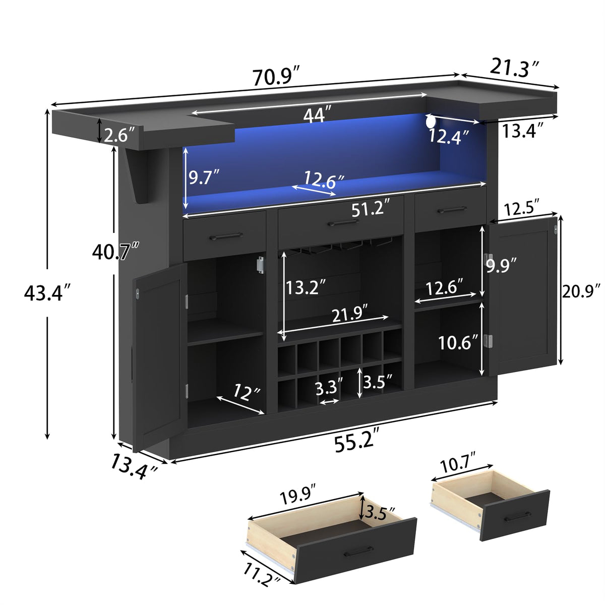 LED Bar Cabinet with Drawers