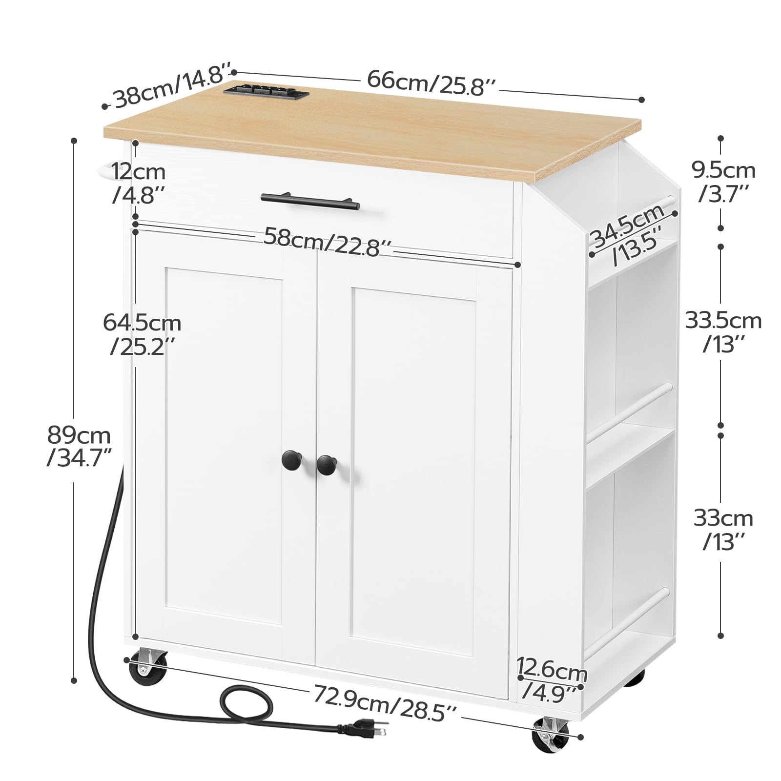 Rolling Kitchen Island Cart with Power Outlet