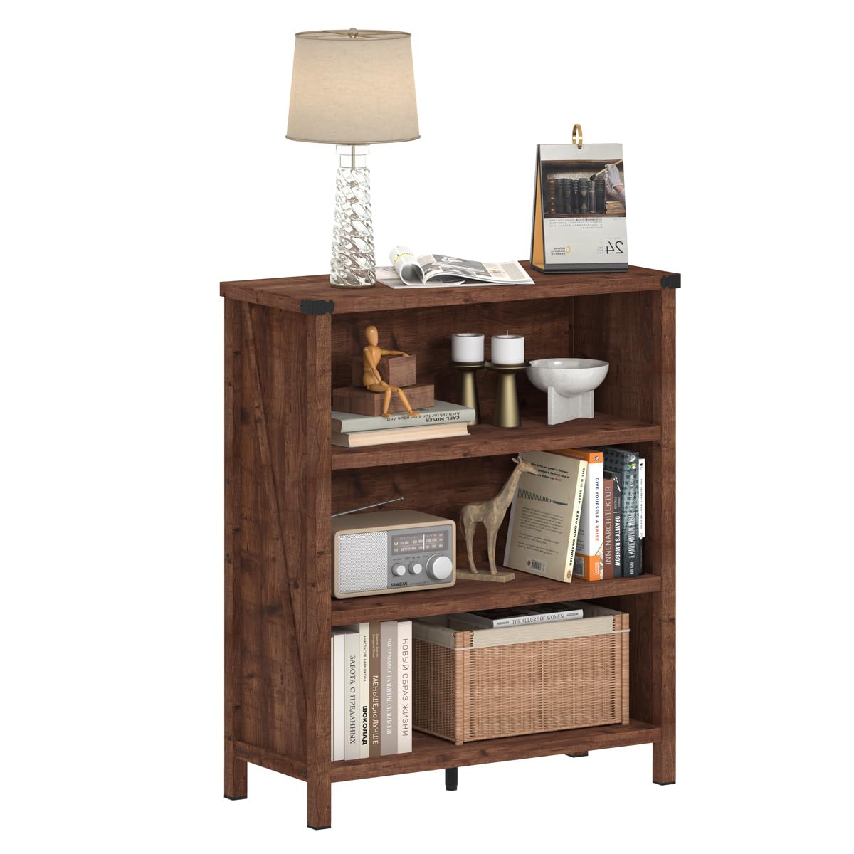 BON AUGURE Rustic Short Bookshelf, 3 Shelf Bookcase, Small Wood Low Book Cases/Shelves, Farmhouse Storage Tier Book Shelves for Home Office, Living Room, Small Space (Rustic Oak)