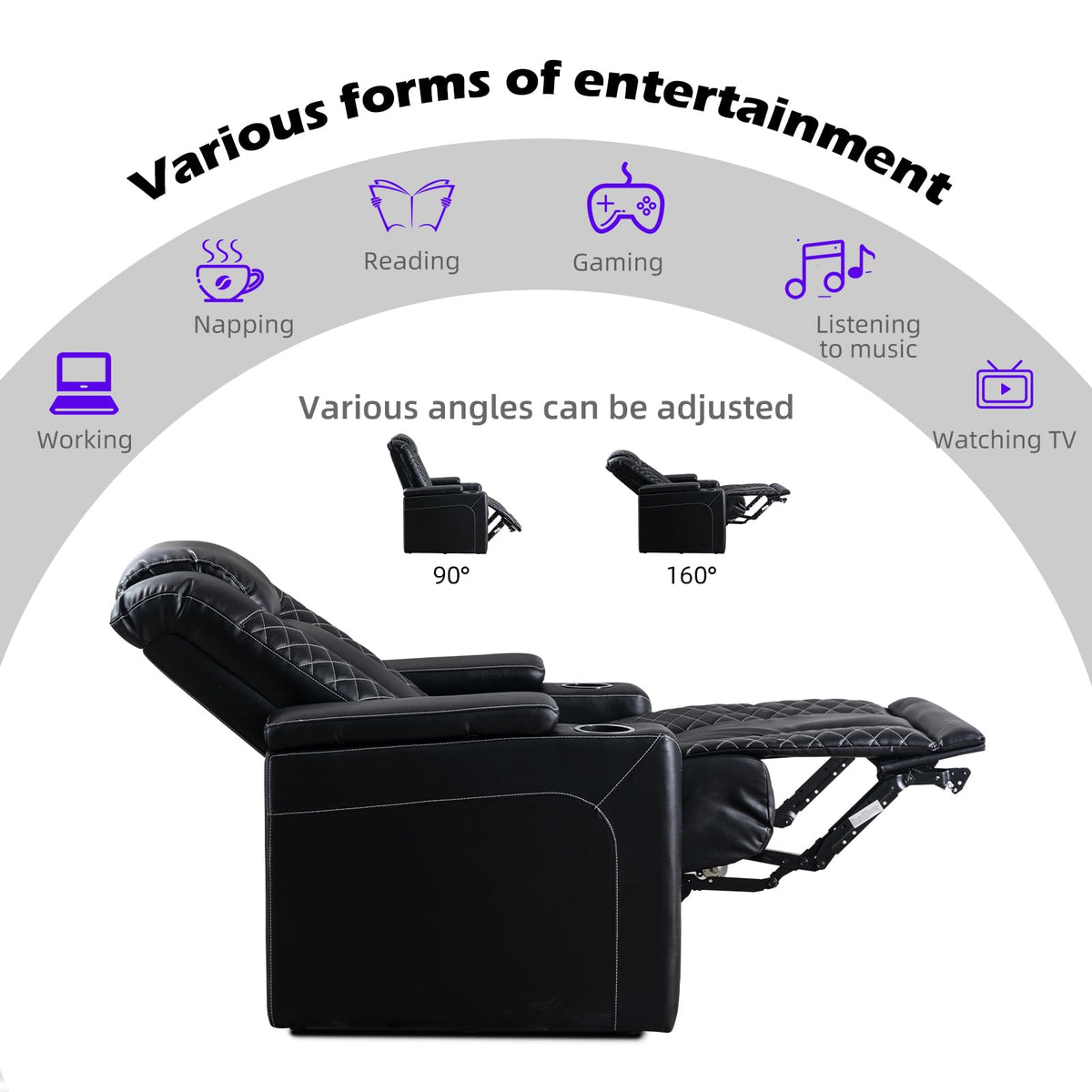 EBELLO Electric Power Recliner Chairs, Soft PU Leather Single Seat Home Theater Seating with USB Ports, Reclining Sofa Chair with Hidden Arm Storage, for Living Room, Black